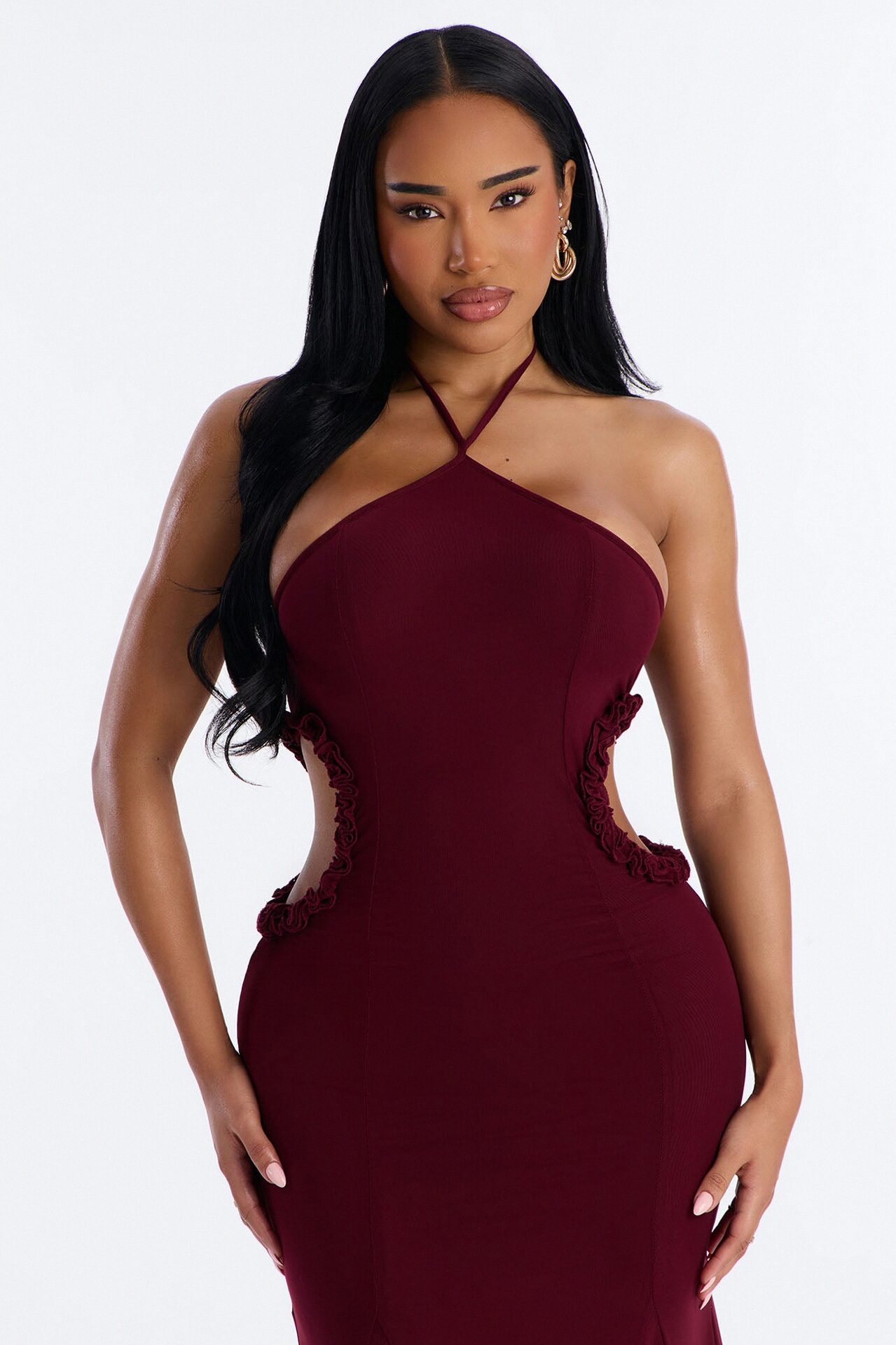 Tatiana Cut Out Mesh Maxi Dress - Wine