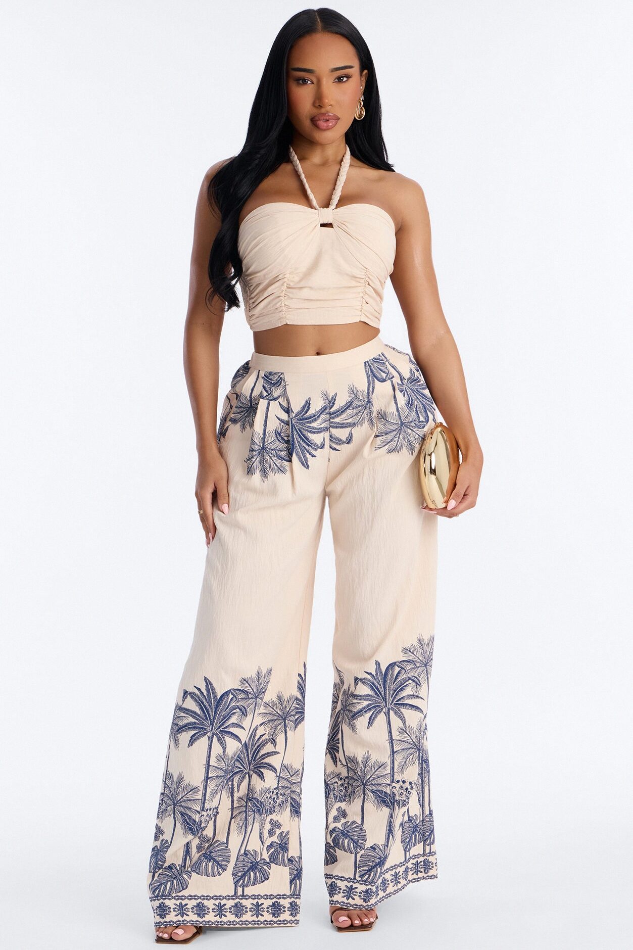 Island Babe Linen Halter Pant Set - Taupe/combo