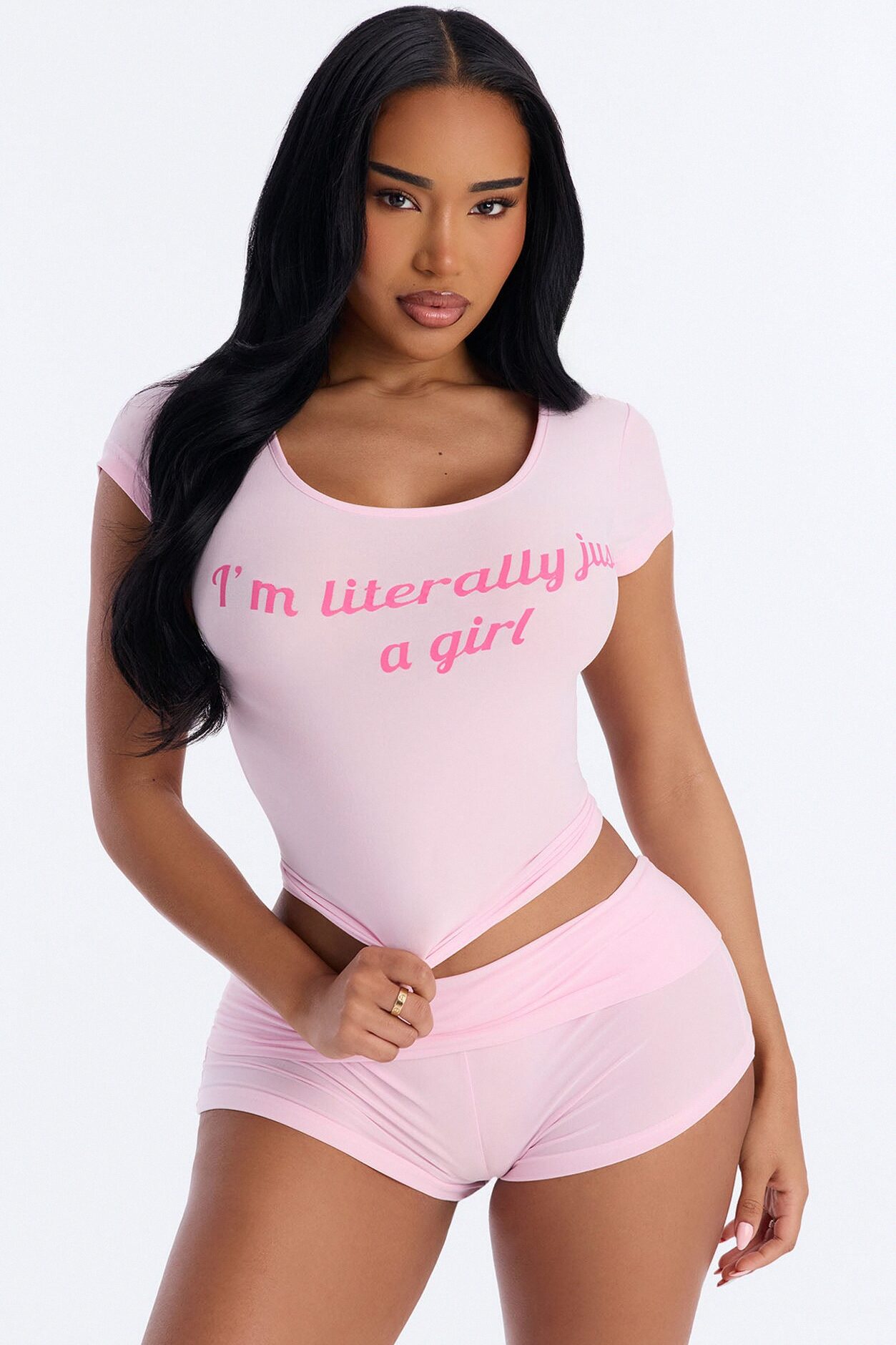 Literally Just A Girl PJ Short Set - Pink/Pink