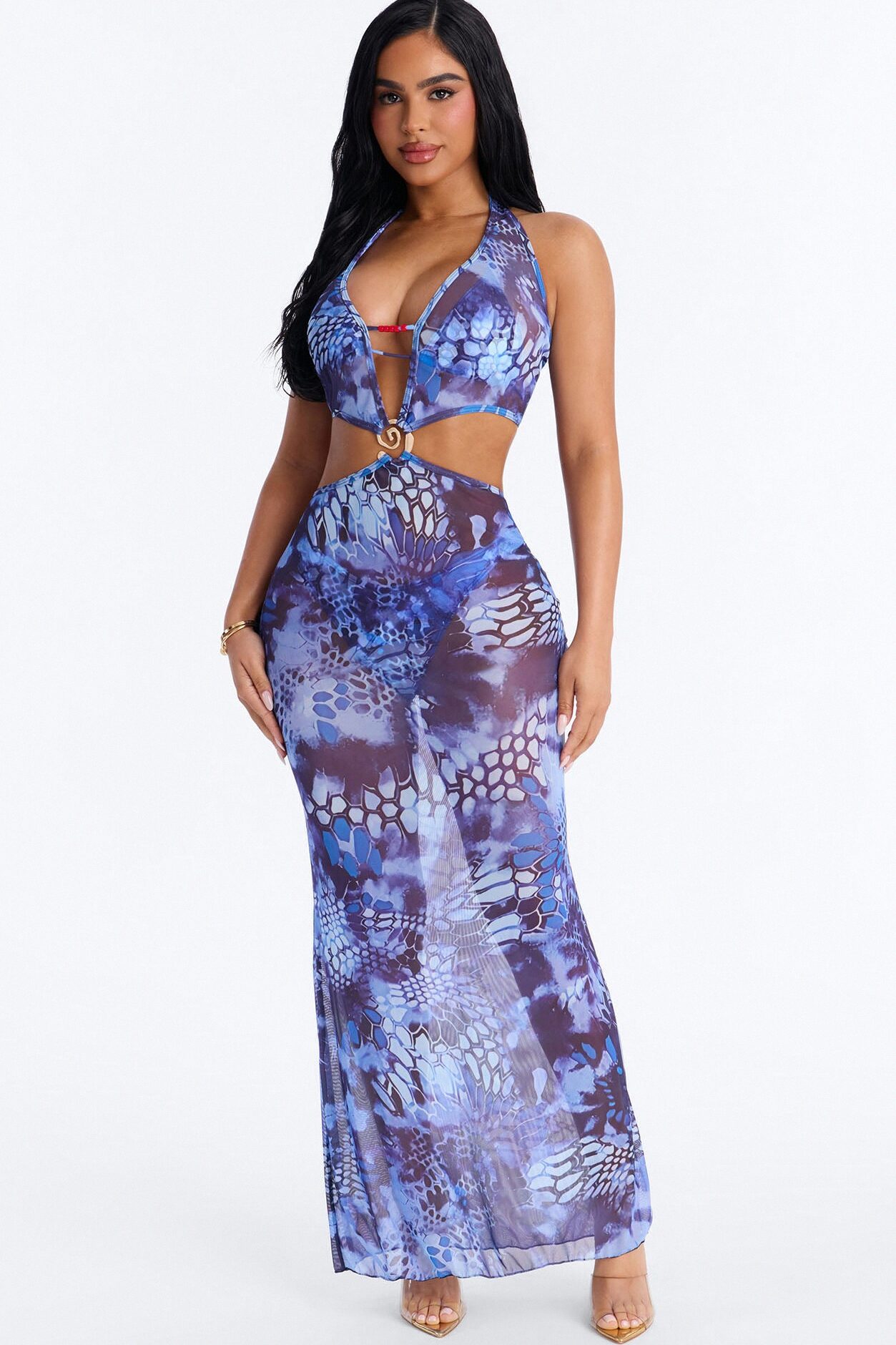 Azure Aura Mesh Beaded 3 Piece Bikini Sunsuit - Blue/combo