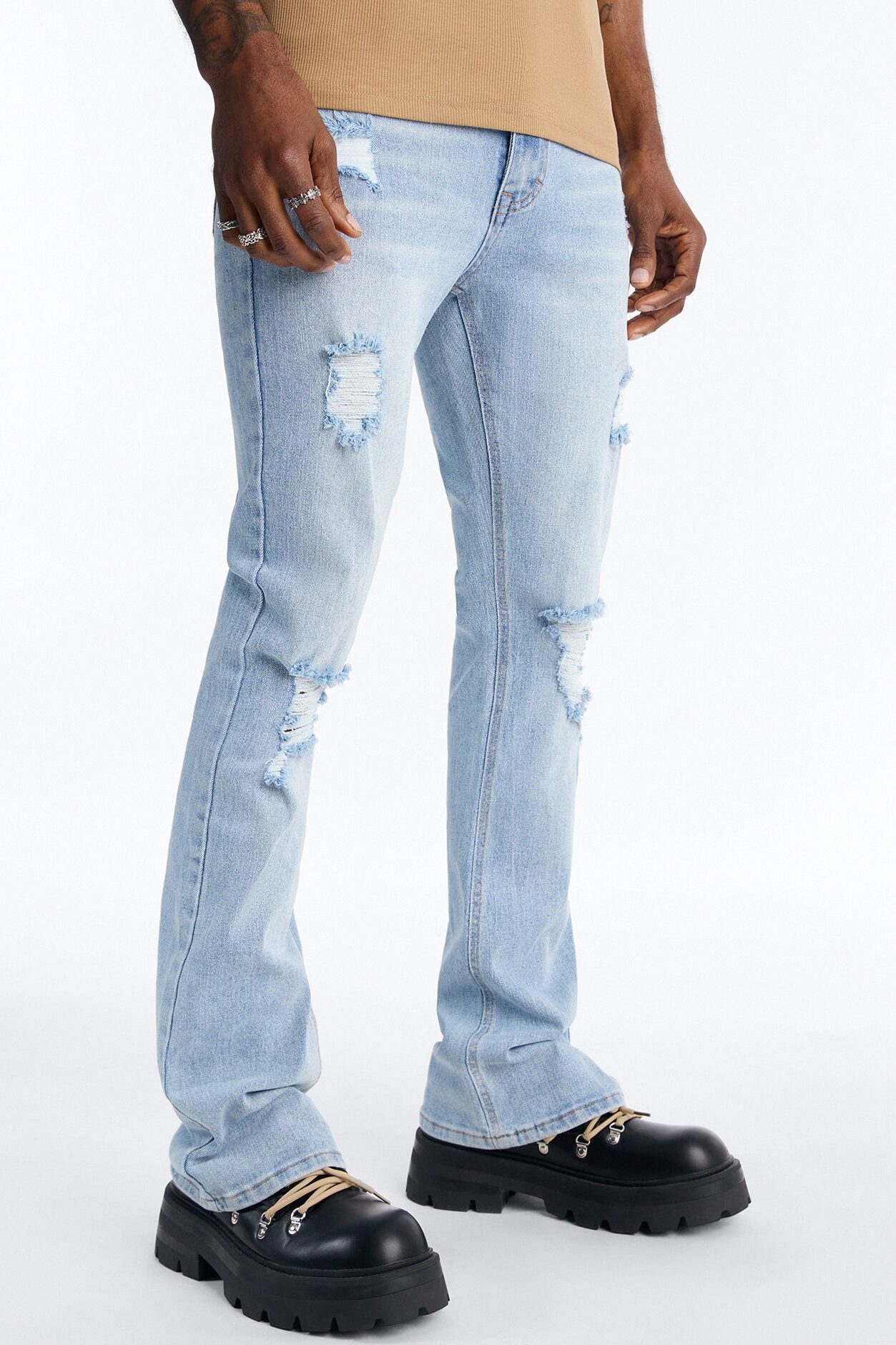Essential Destroyed Stacked Slim Flare Stretch Jean - Light Blue Wash