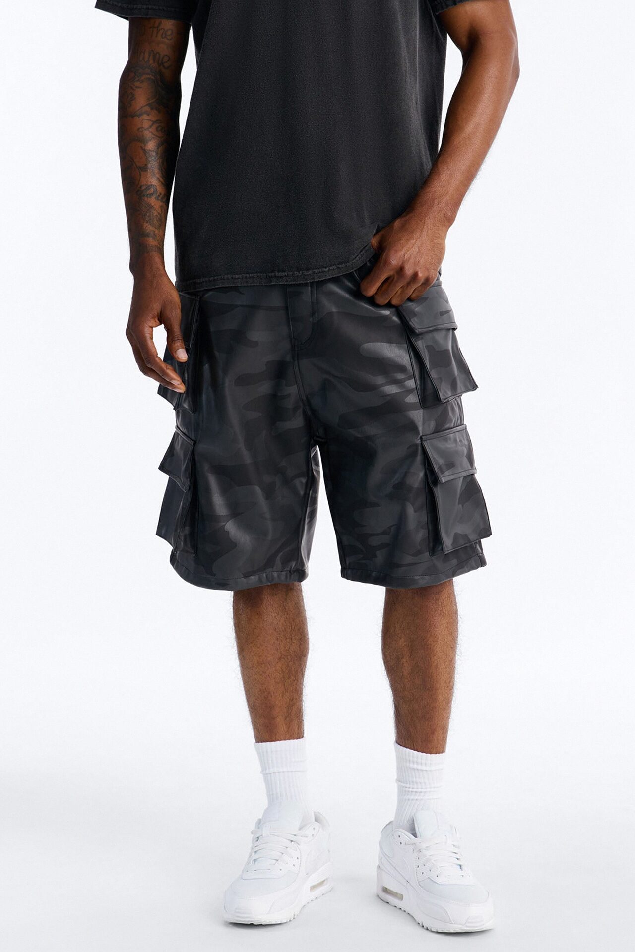 Faux Leather Camo Mirage Cargo Short - Grey