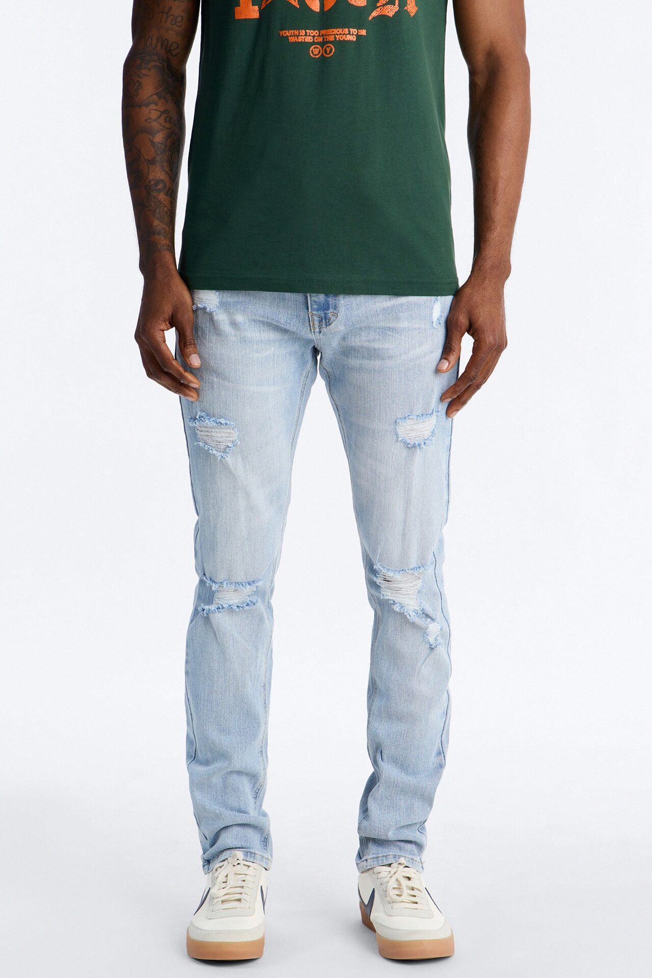 Essential Destroyed Skinny Stretch Jean - Light Blue Wash