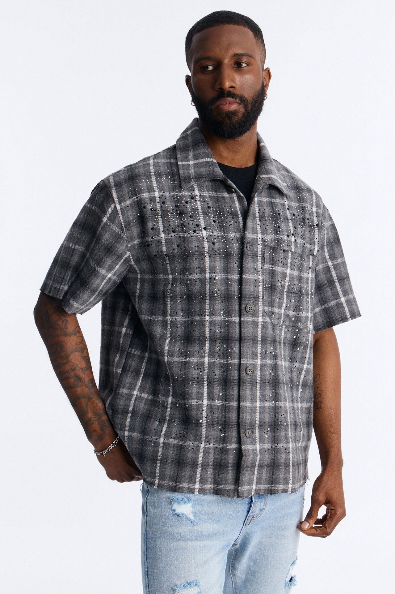 Jeweled Plaid Raw Hem Button Up Shirt - Black