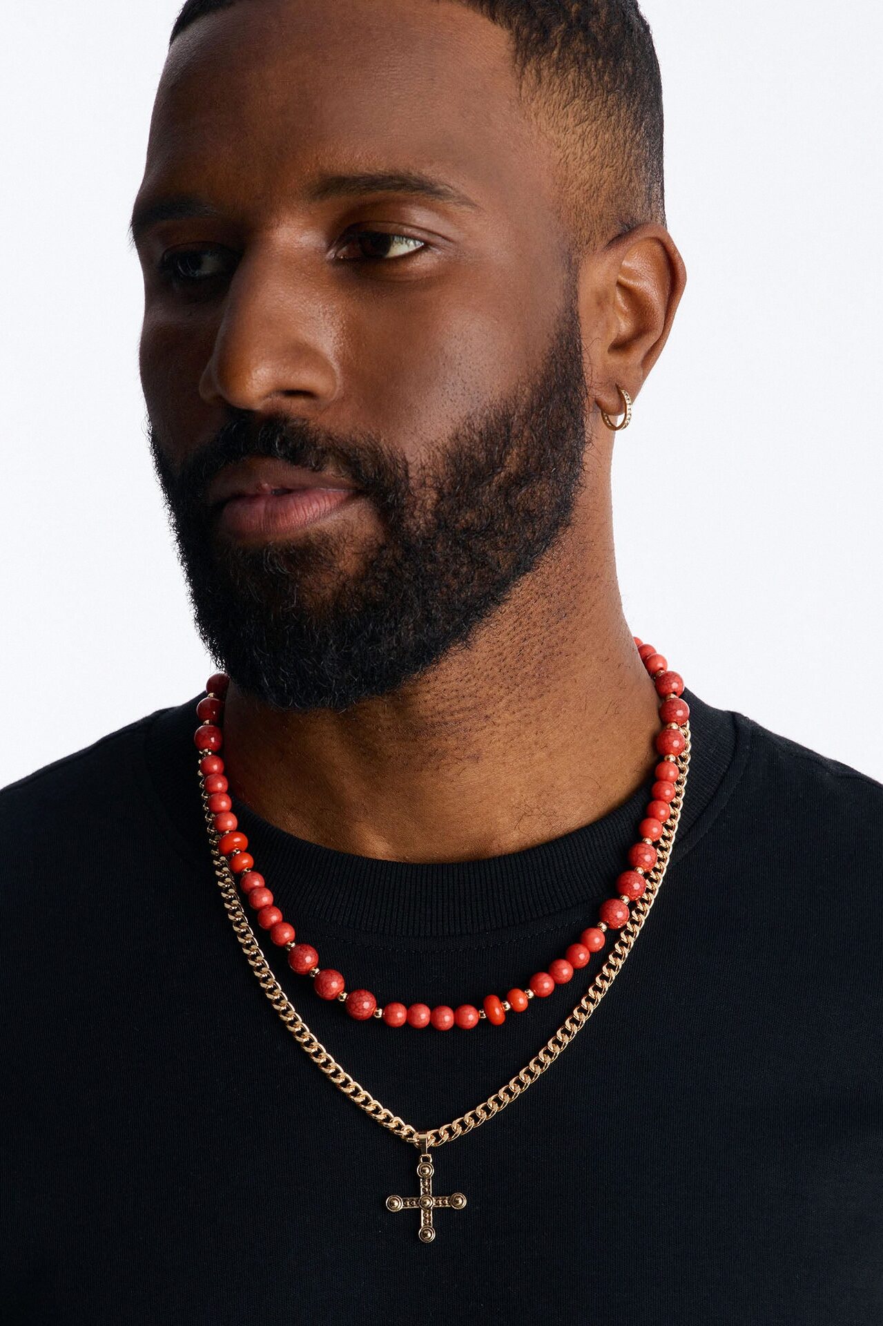 Layered Cuban Cross And Beaded Necklace Set - Gold/combo