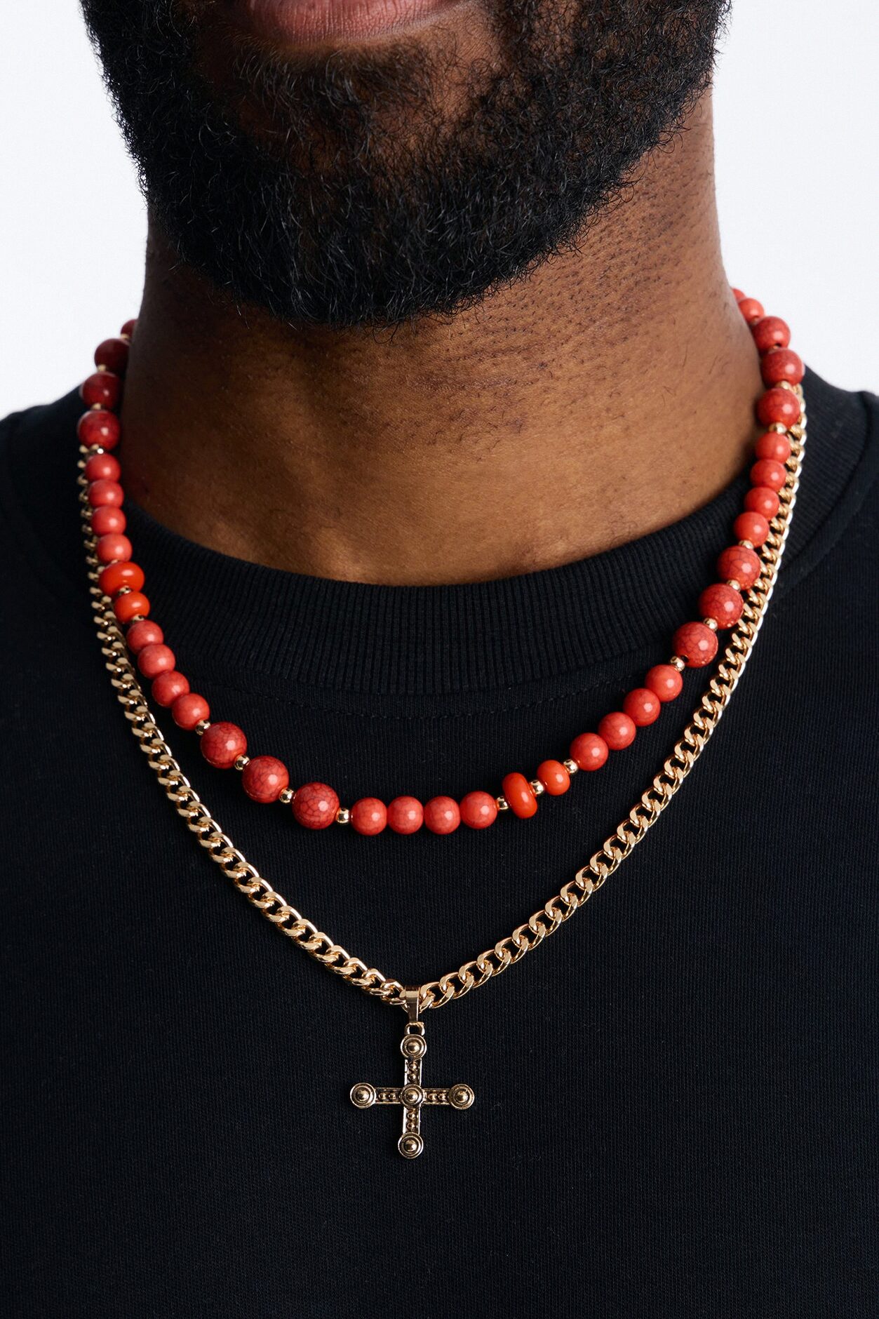 Layered Cuban Cross And Beaded Necklace Set - Gold/combo