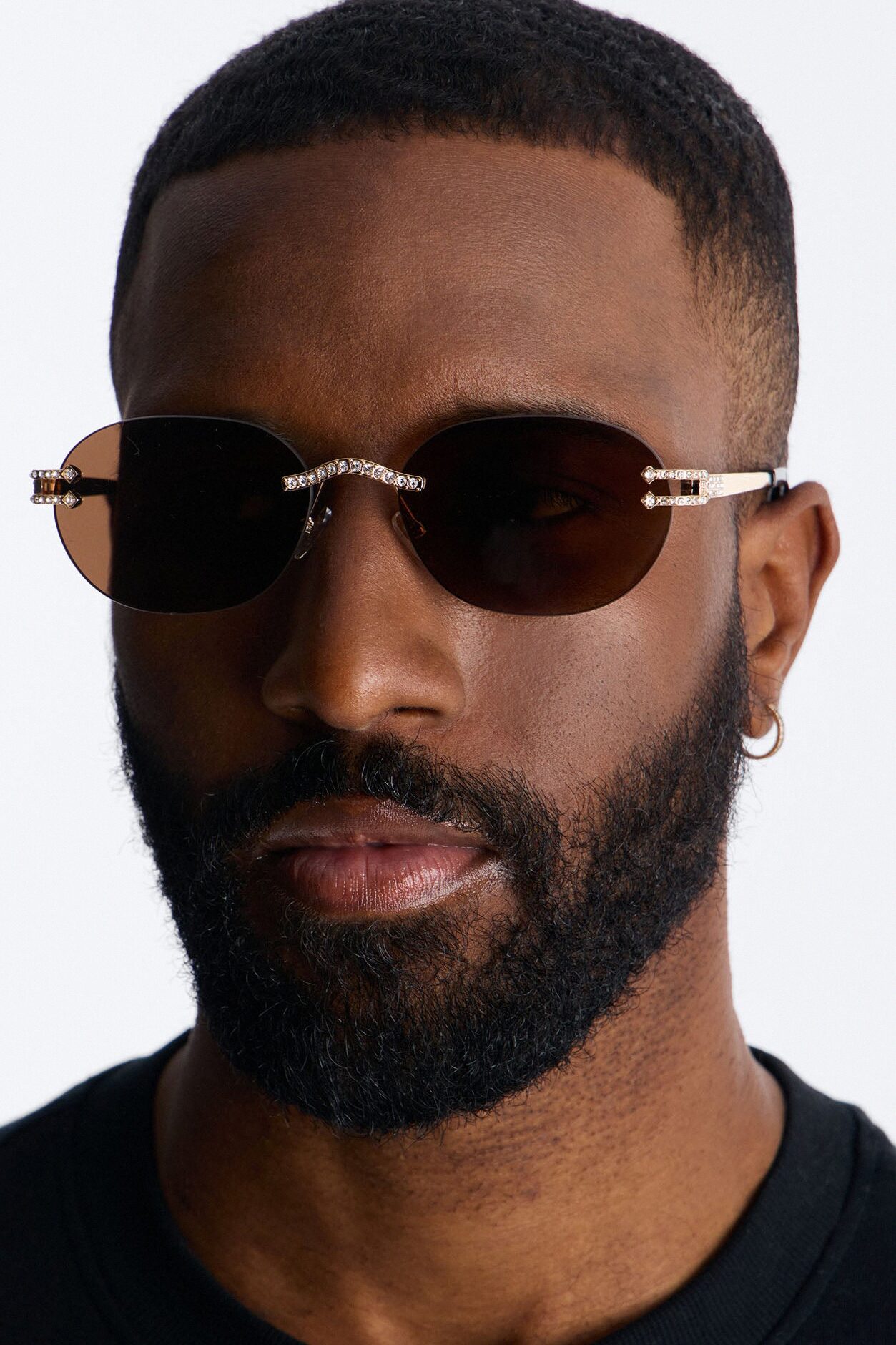 Embellished Round Frameless Metal Sunglasses - Gold/Brown