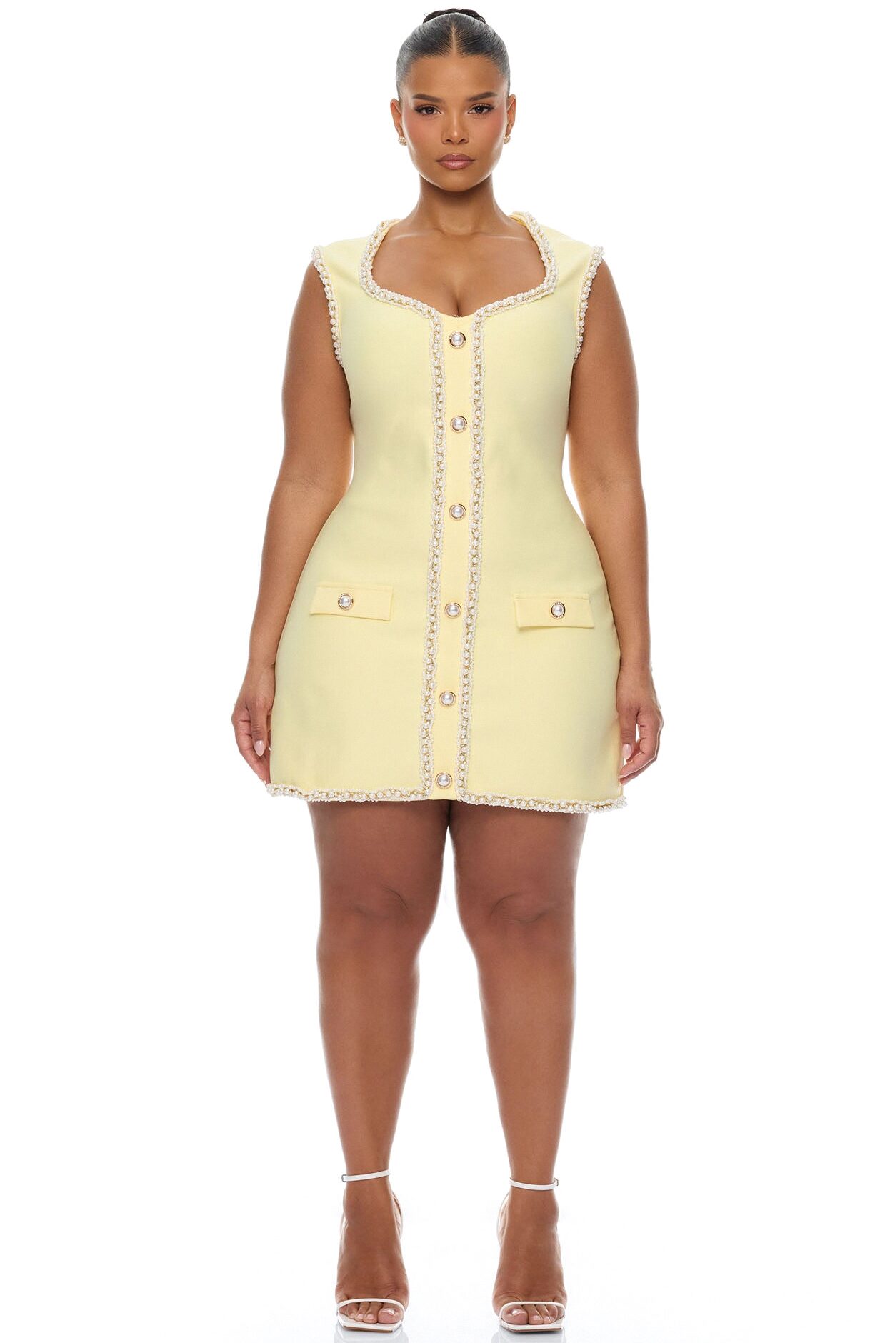 Victoria Pearl Trim Bandage Mini Dress - Butter Yellow