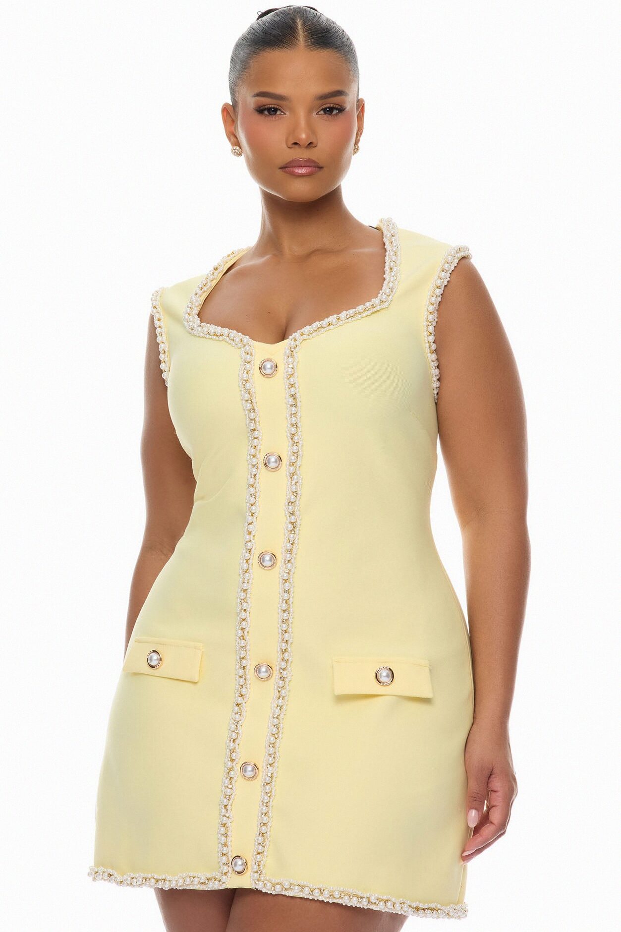 Victoria Pearl Trim Bandage Mini Dress - Butter Yellow