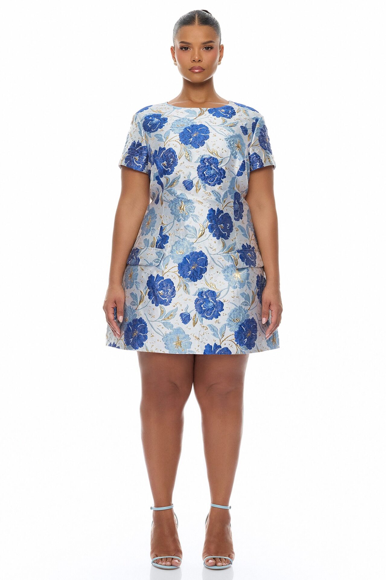 Florencia Short Sleeve Jacquard Mini Dress - Blue/combo