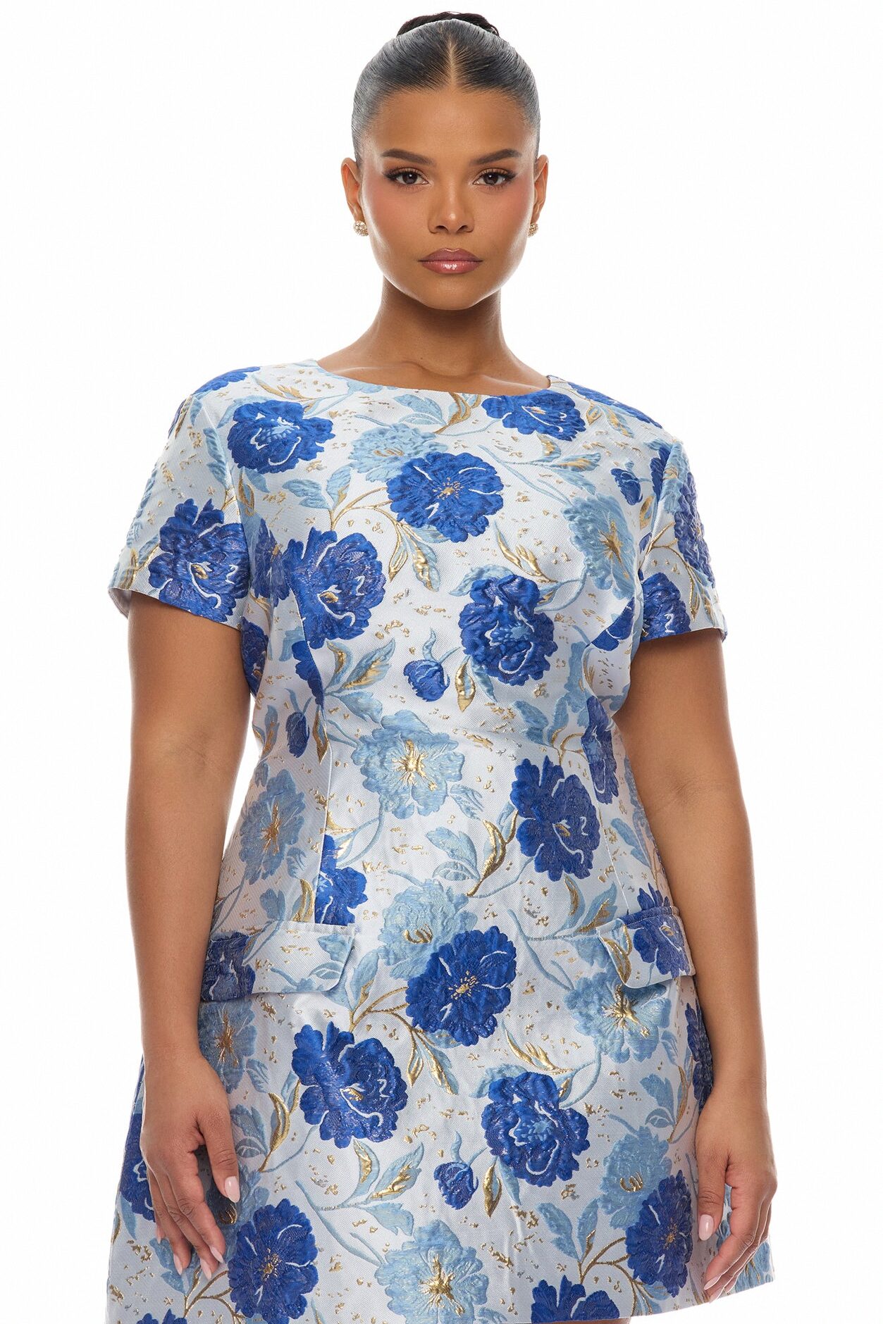 Florencia Short Sleeve Jacquard Mini Dress - Blue/combo