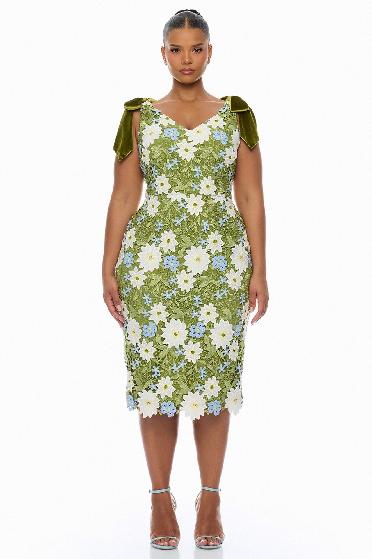 Dani Floral Embroidered Midi Dress - Chartreuse