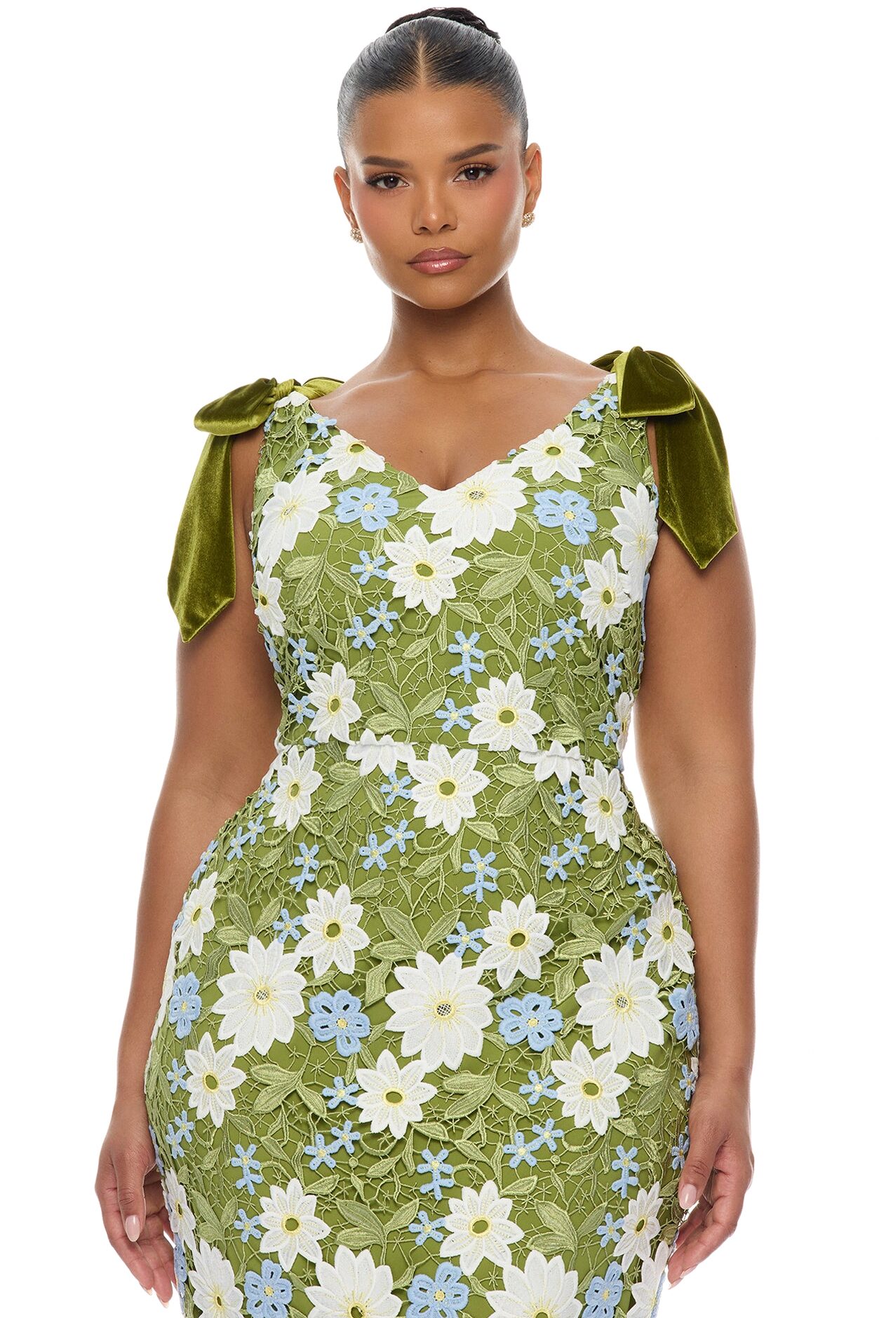 Dani Floral Embroidered Midi Dress - Chartreuse
