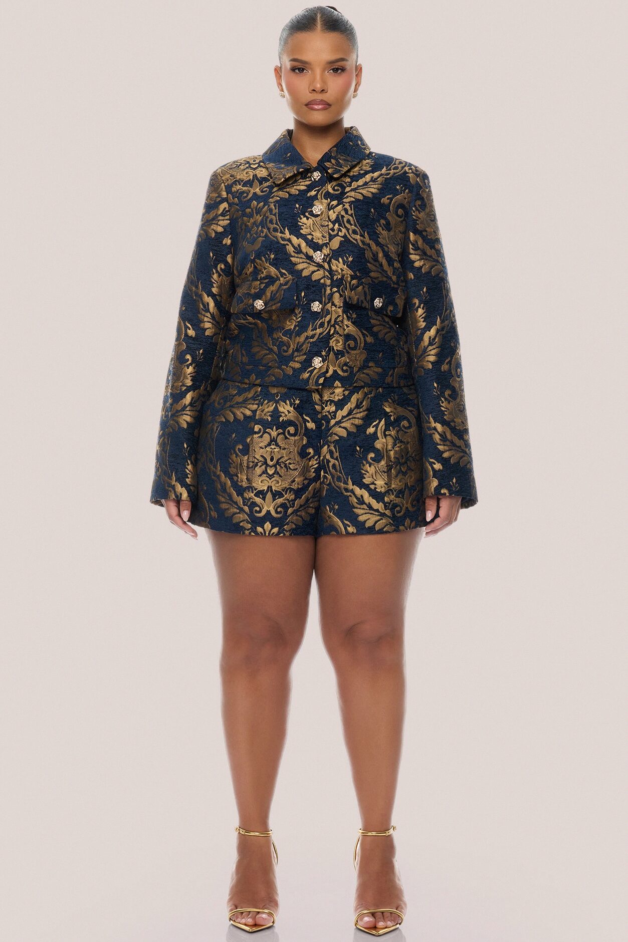 Vanya Jacquard Jacket Short Set - Navy/combo