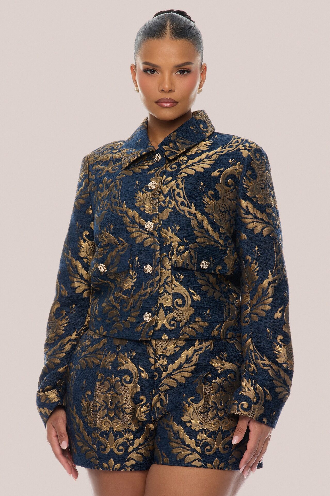 Vanya Jacquard Jacket Short Set - Navy/combo