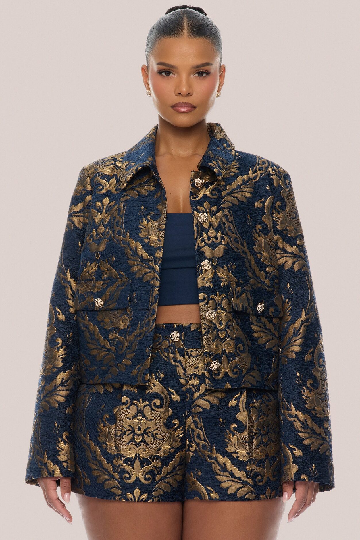 Vanya Jacquard Jacket Short Set - Navy/combo