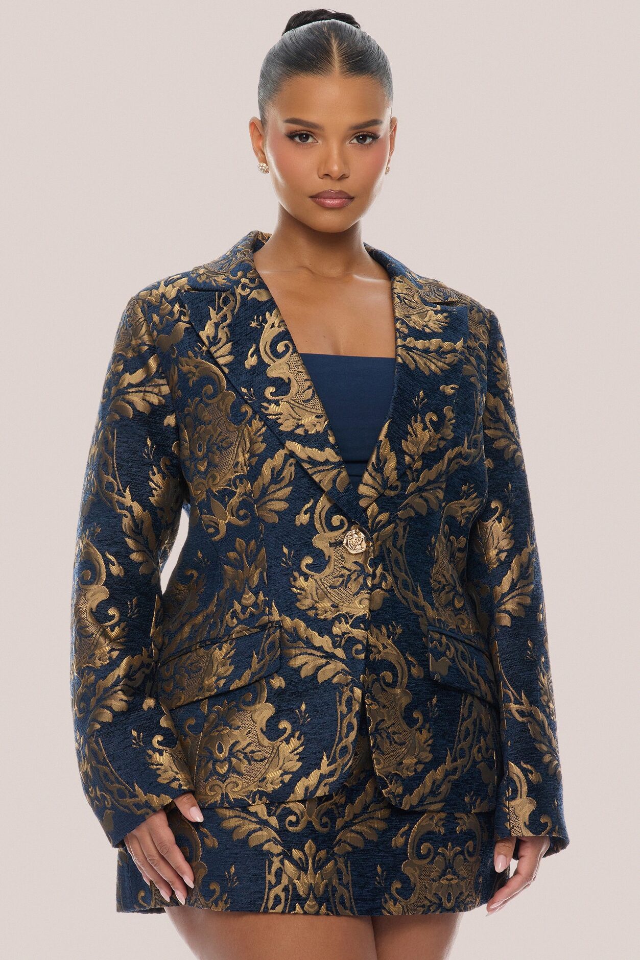 Vanya Jacquard Blazer Skirt Set - Navy/combo
