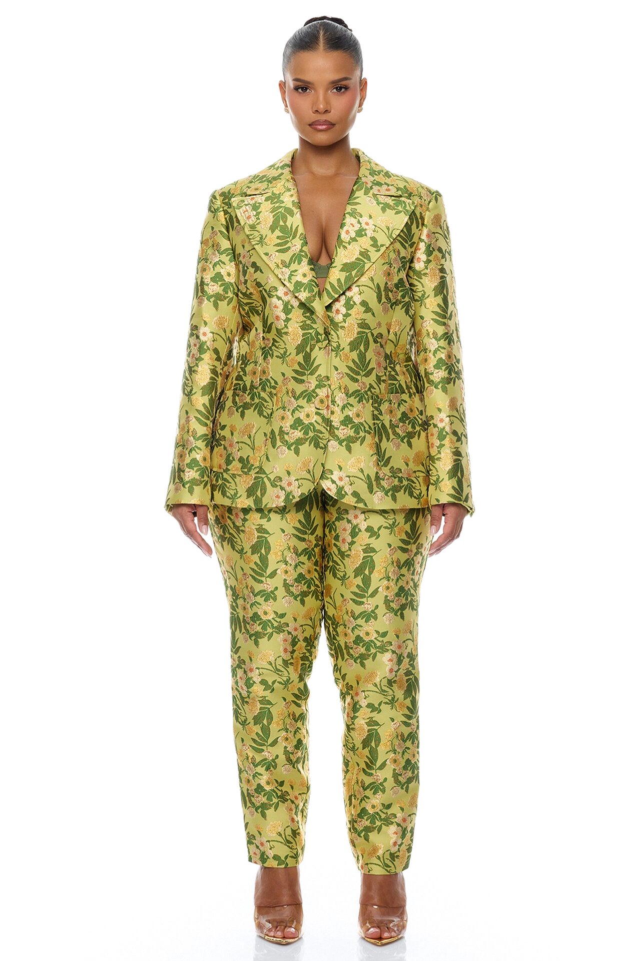 Emilee Jacquard Blazer Pant Set - Chartreuse