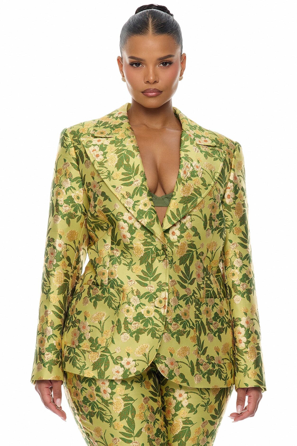 Emilee Jacquard Blazer Pant Set - Chartreuse