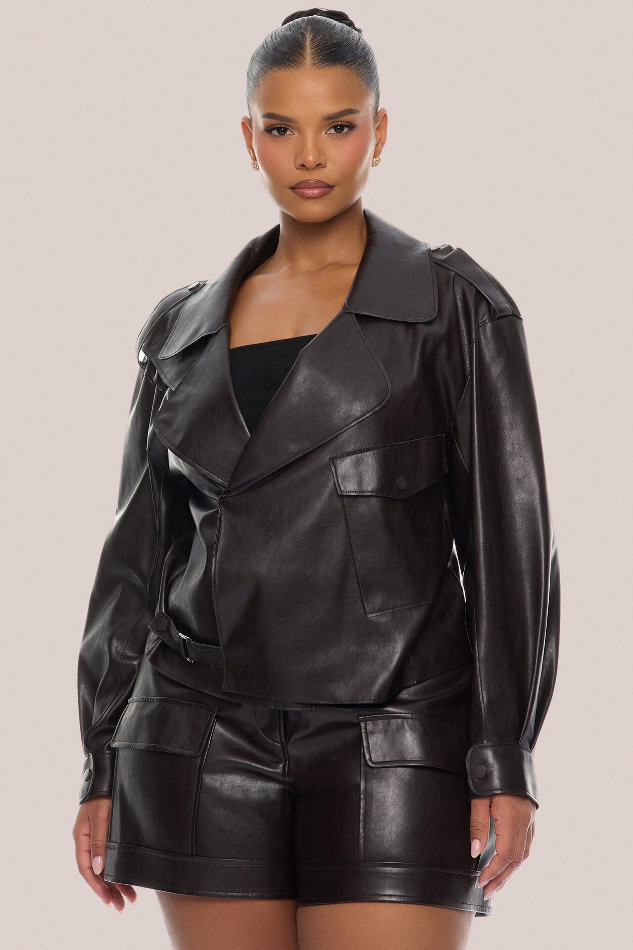 Zaya Faux Leather Cargo Jacket - Chocolate