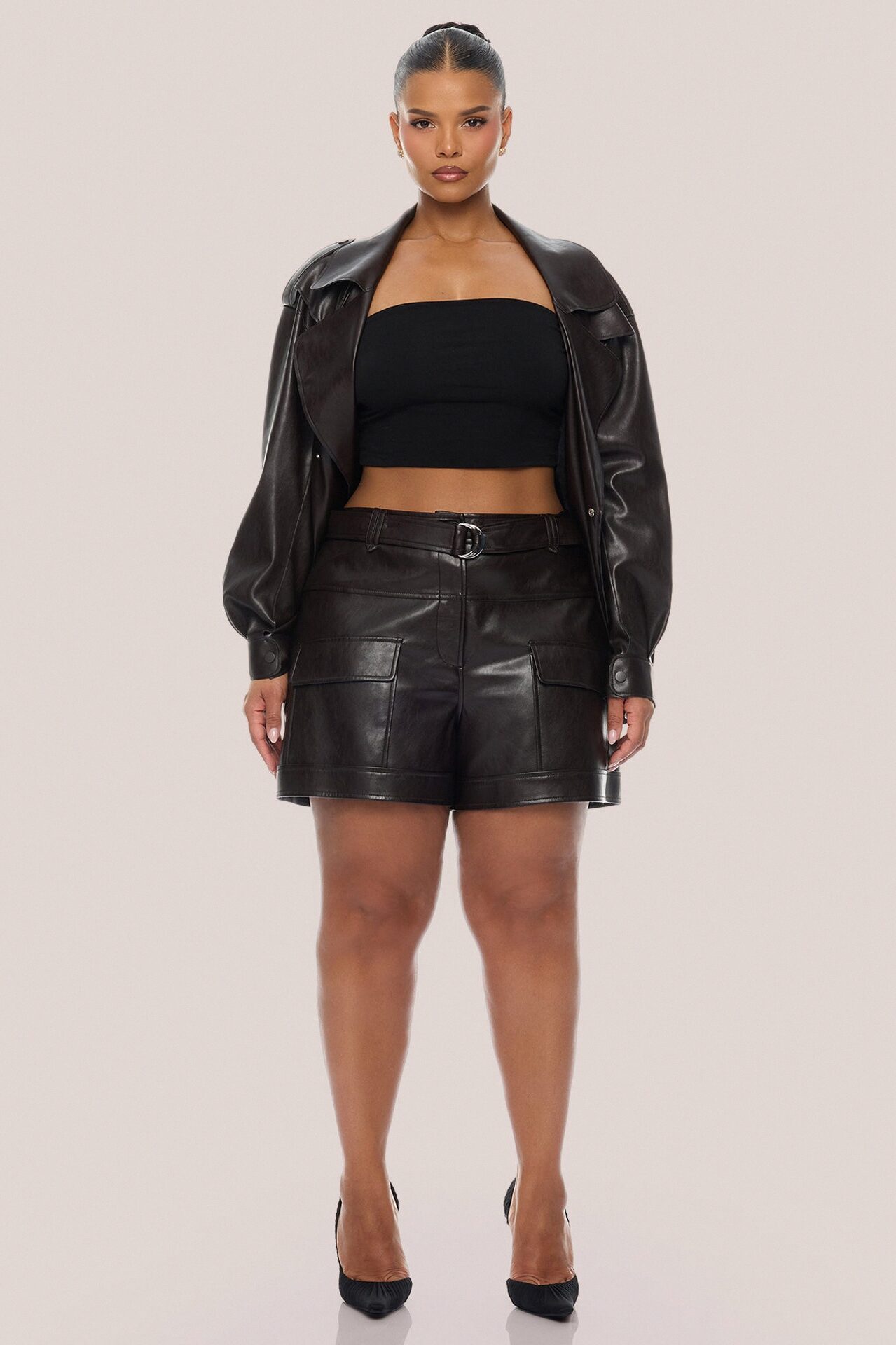 Zaya Faux Leather Cargo Short - Chocolate
