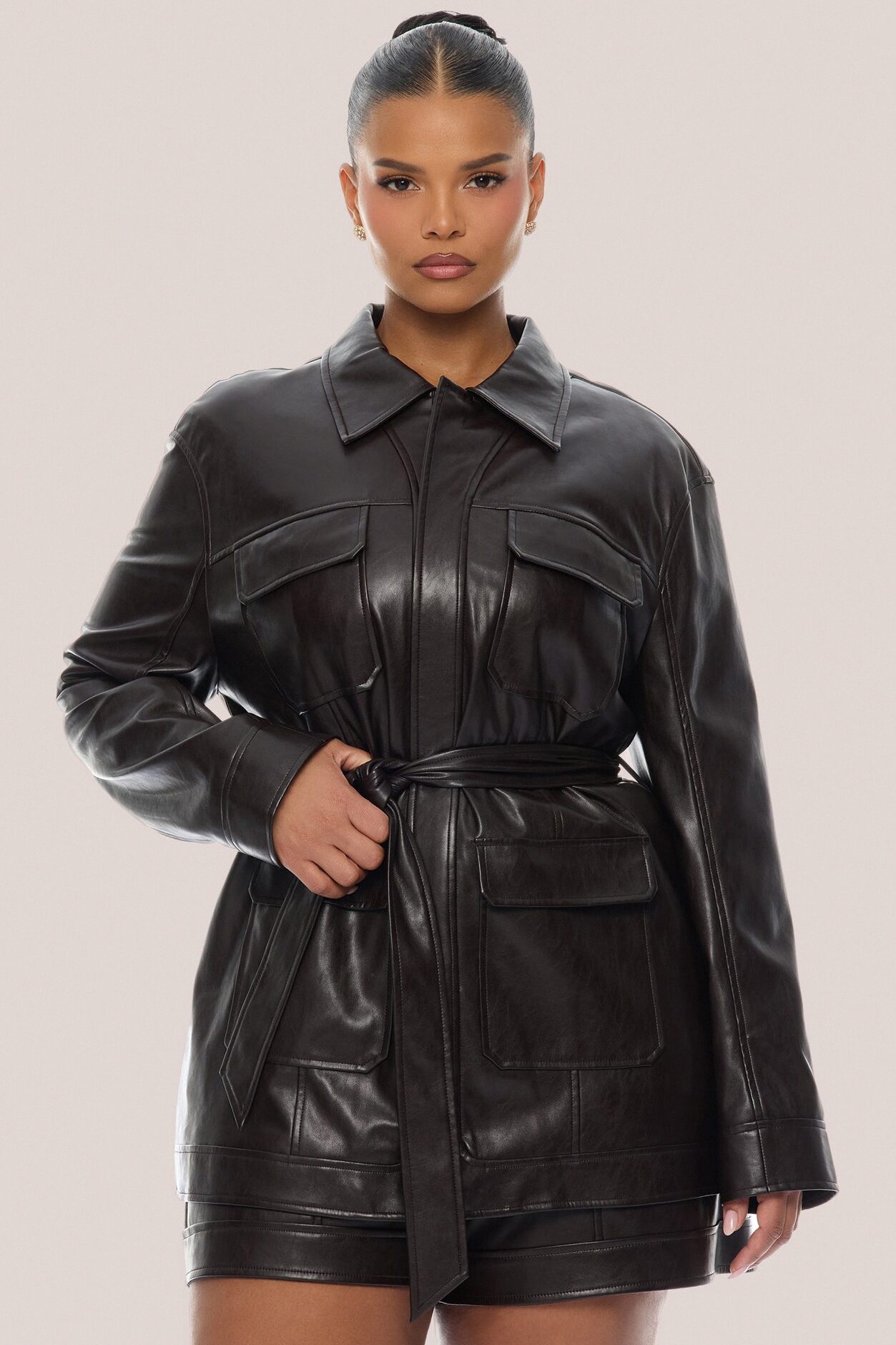 Zaya Belted Faux Leather Jacket - Chocolate