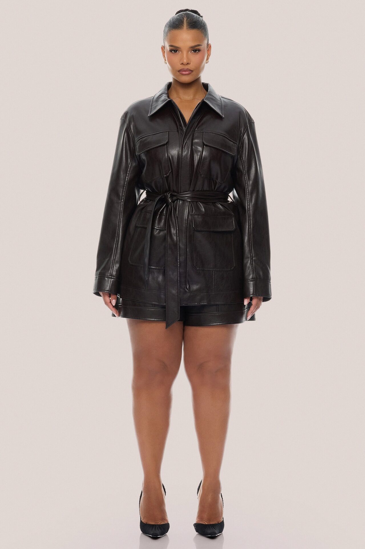 Zaya Belted Faux Leather Jacket - Chocolate