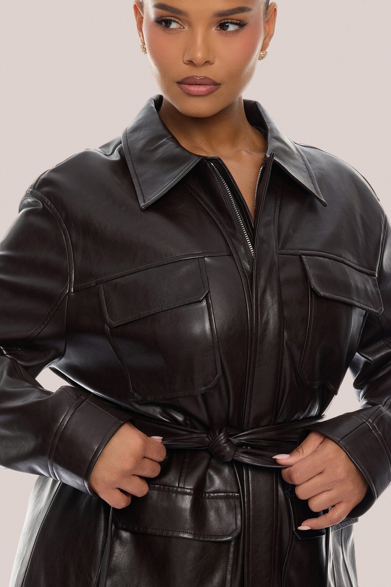 Zaya Belted Faux Leather Jacket - Chocolate
