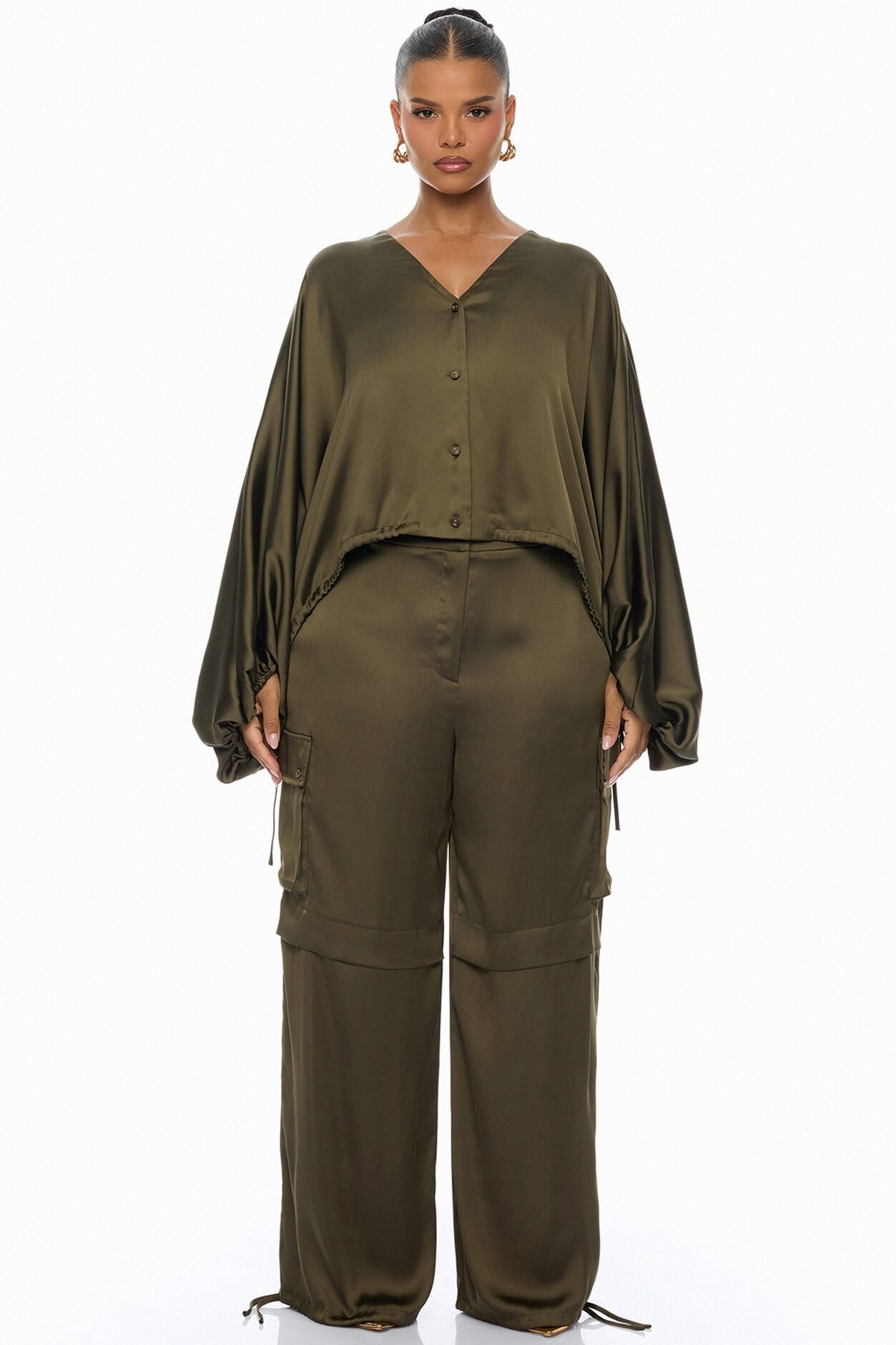Priya Cargo Satin Pant Set - Olive