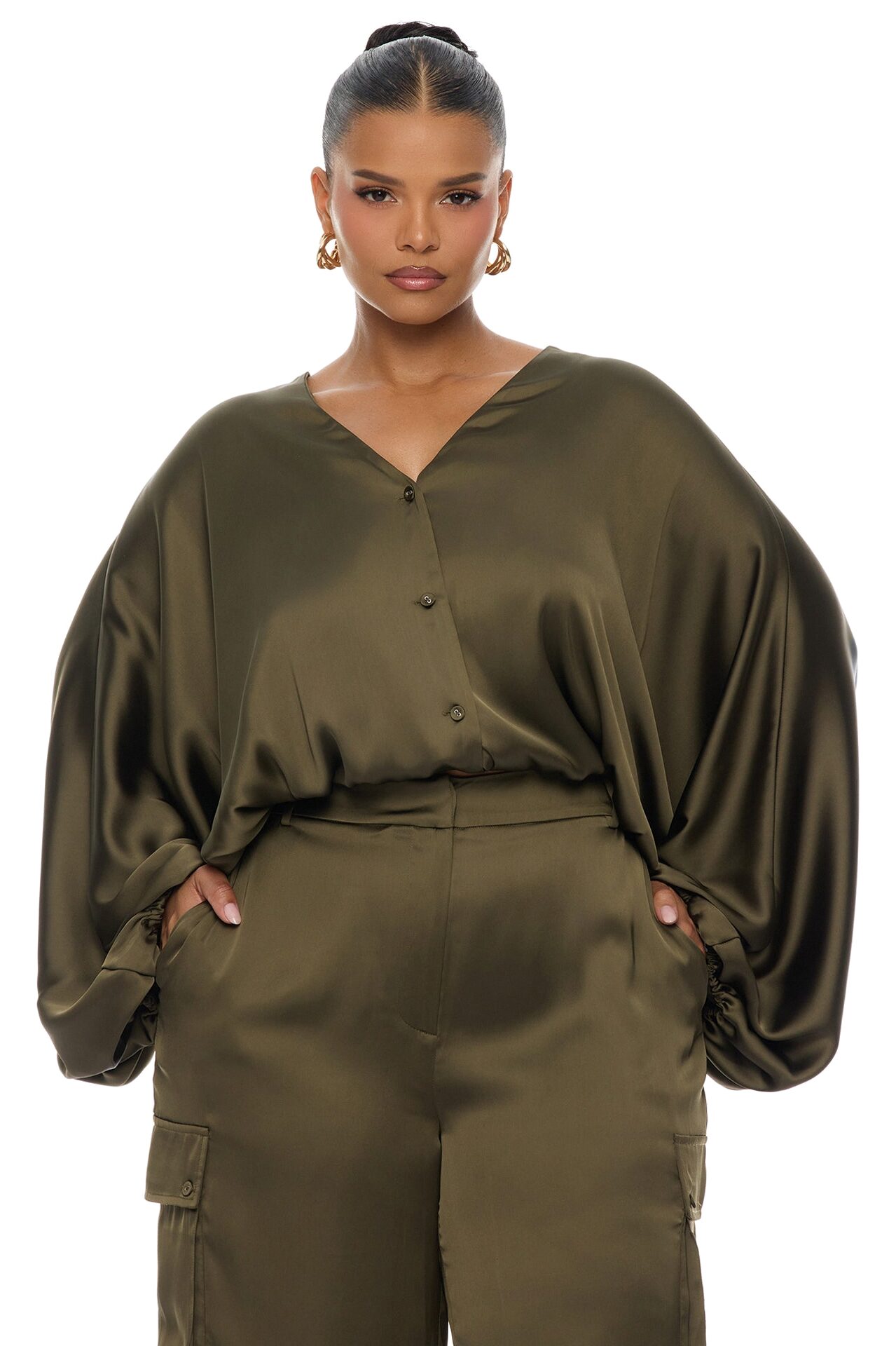Priya Cargo Satin Pant Set - Olive