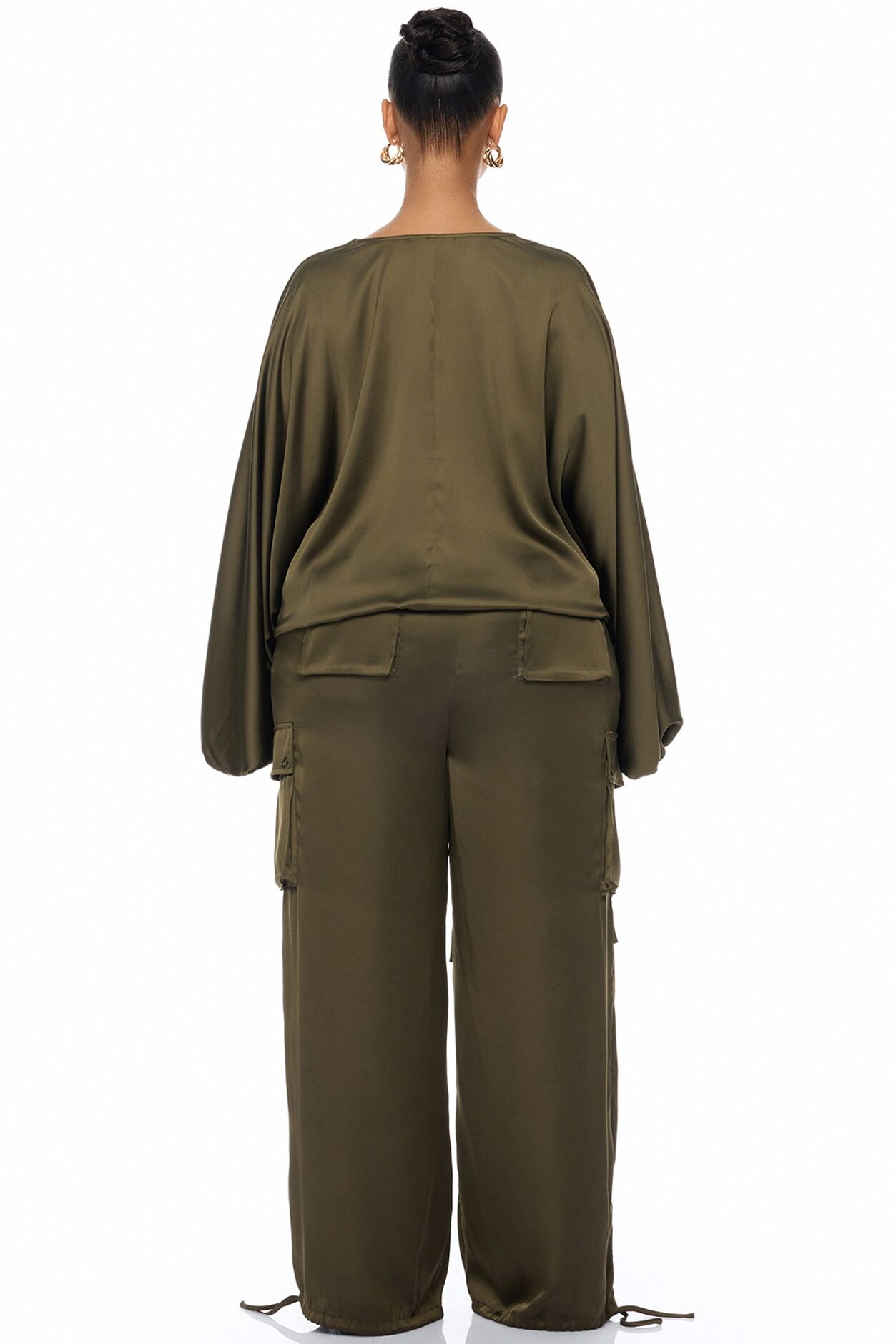 Priya Cargo Satin Pant Set - Olive