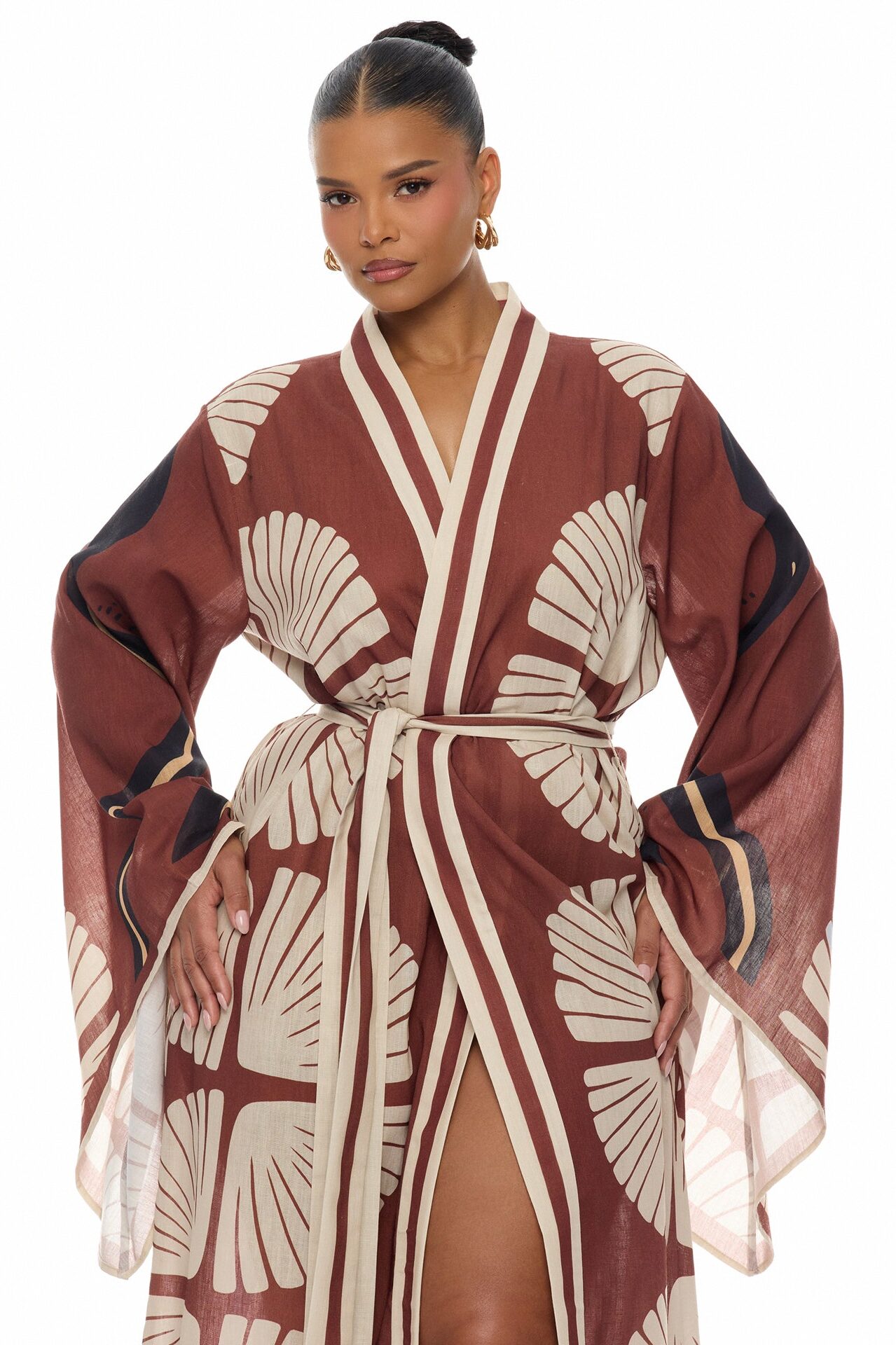 Sara Bell Sleeve Linen Kimono - Brown/combo