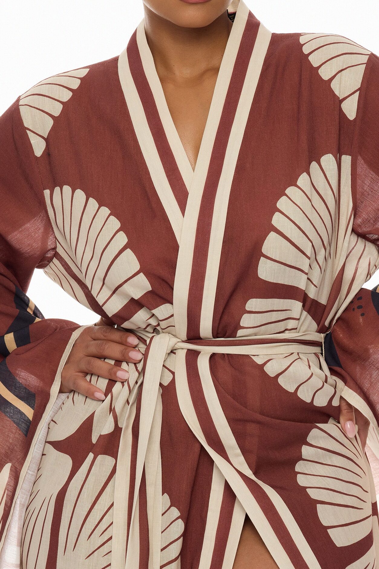 Sara Bell Sleeve Linen Kimono - Brown/combo