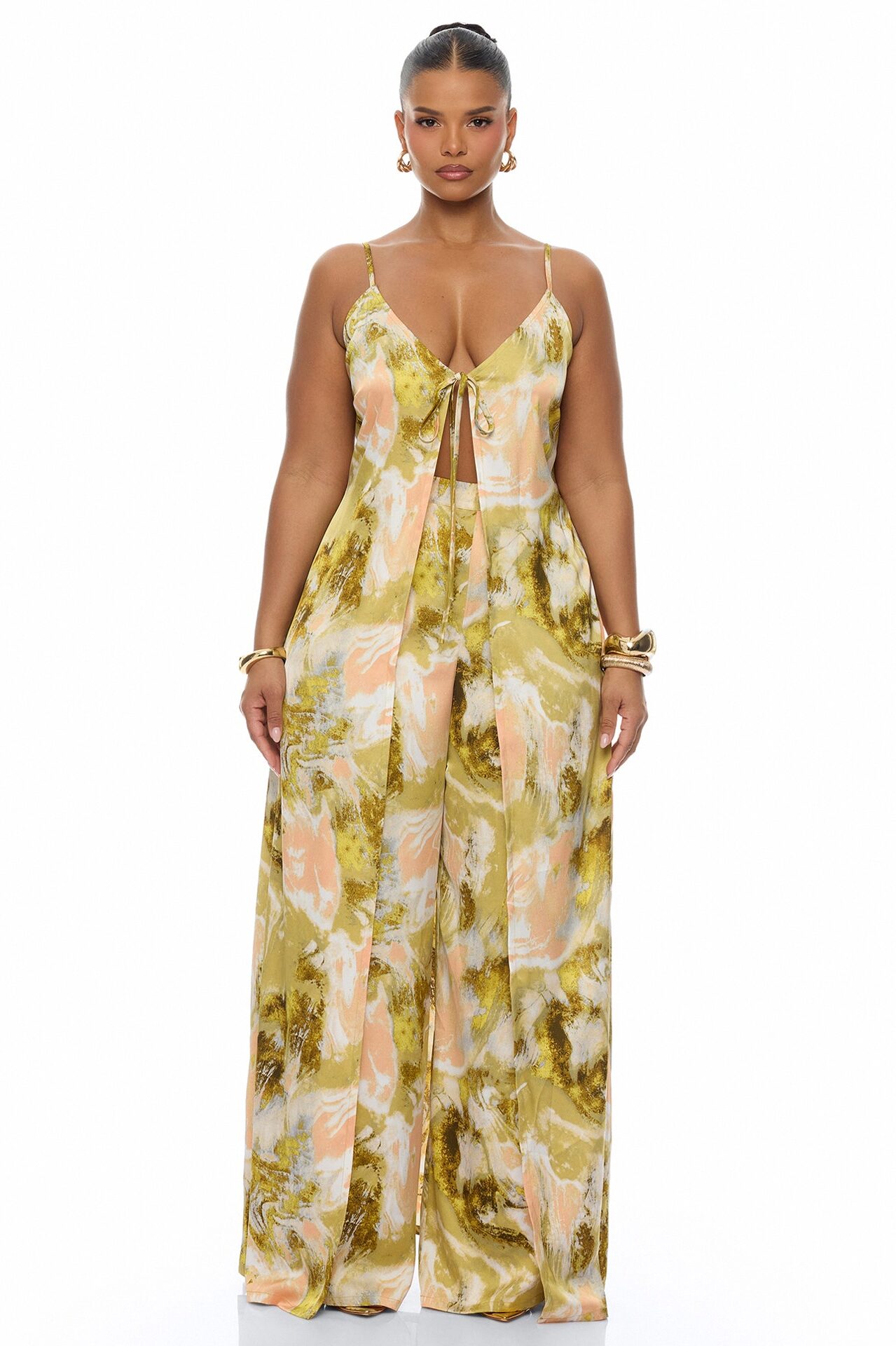 Off To The Tropics Satin Pant Set - Green/combo