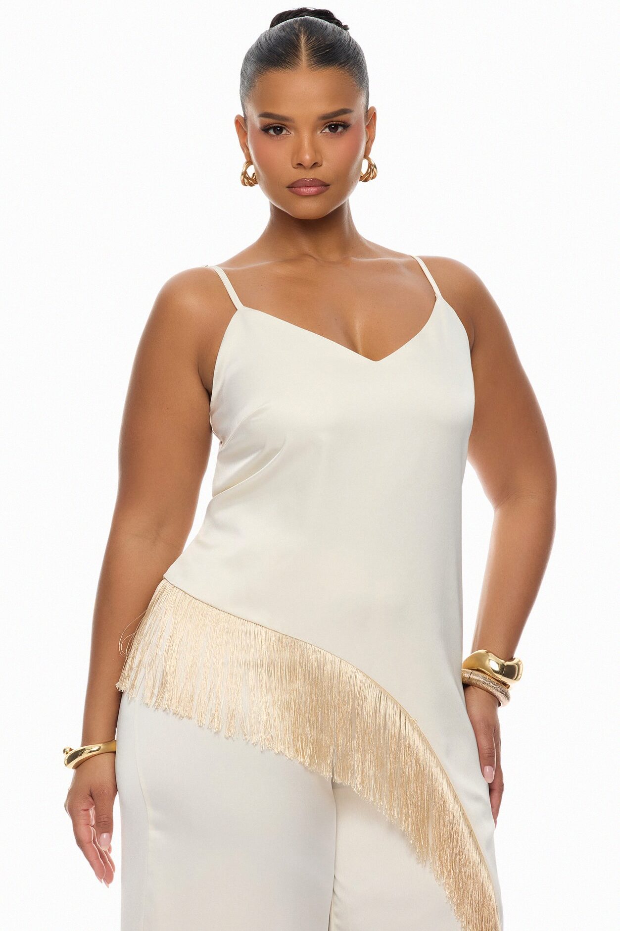 Natural Drama Fringe Satin Pant Set - Ivory