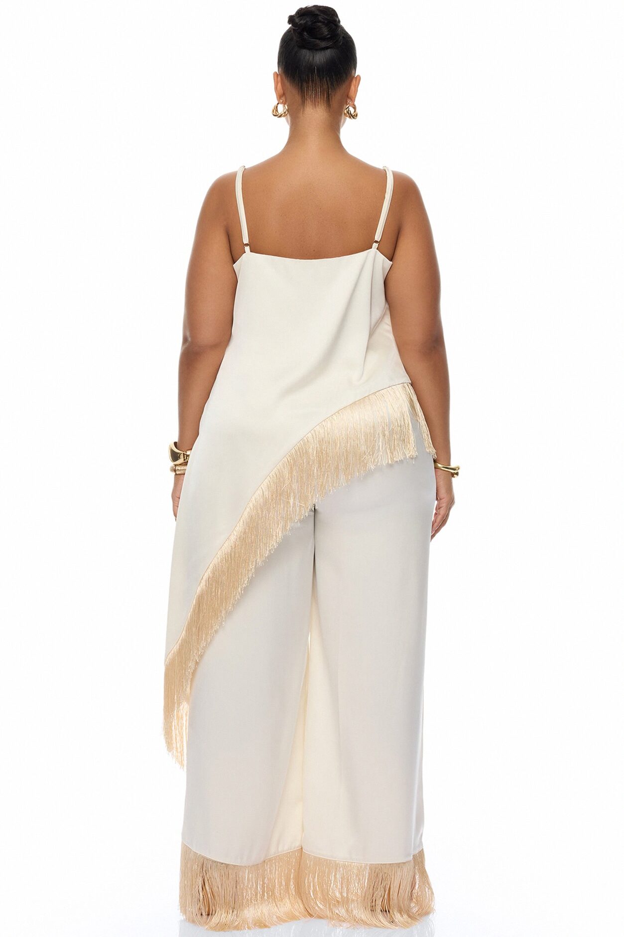 Natural Drama Fringe Satin Pant Set - Ivory