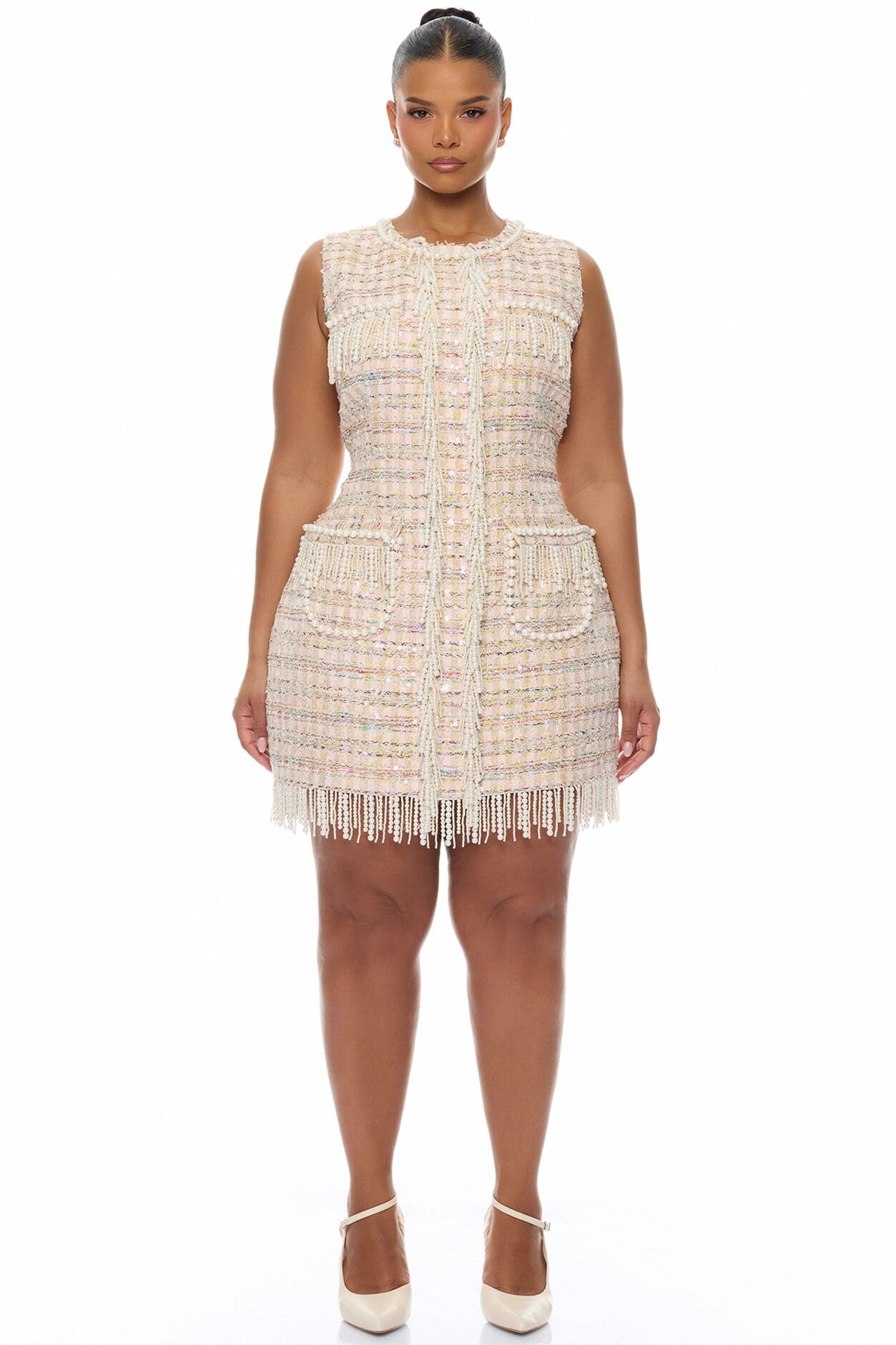 Tiffani Pearl Fringe Tweed Mini Dress - Pink/combo