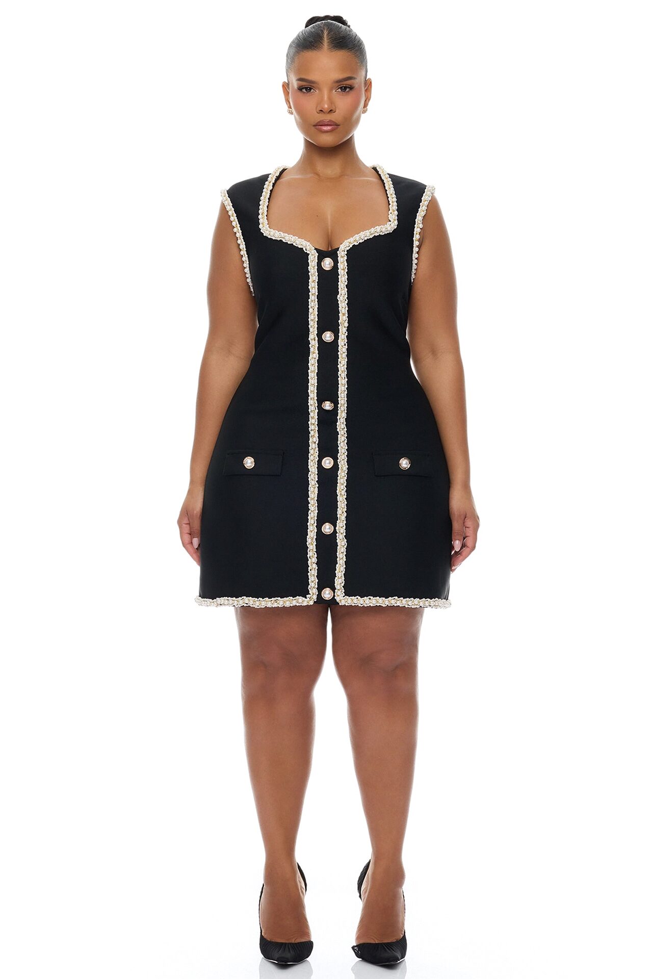 Victoria Pearl Trim Bandage Mini Dress - Black