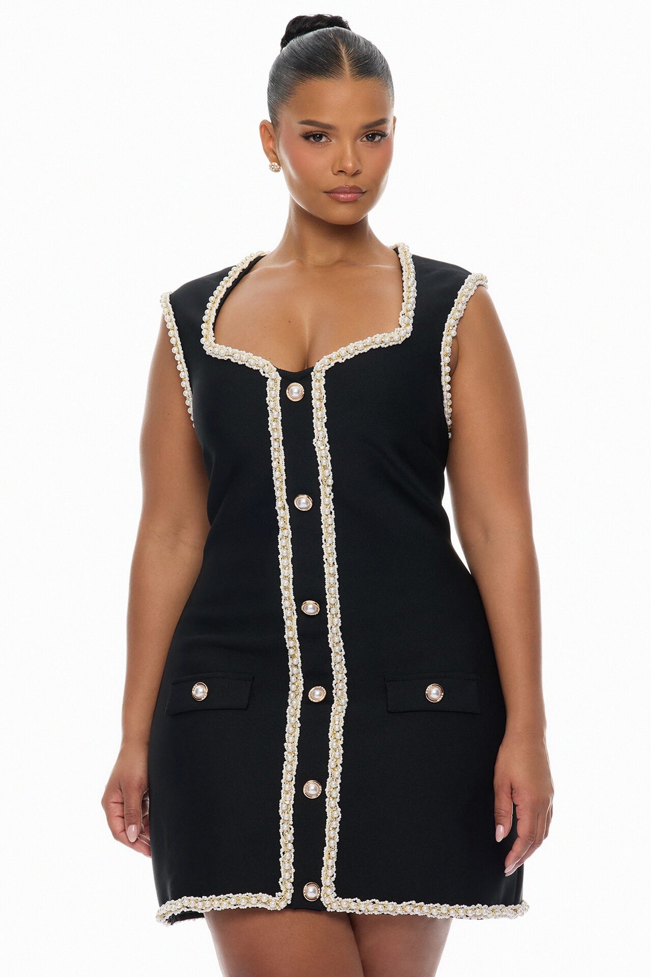Victoria Pearl Trim Bandage Mini Dress - Black