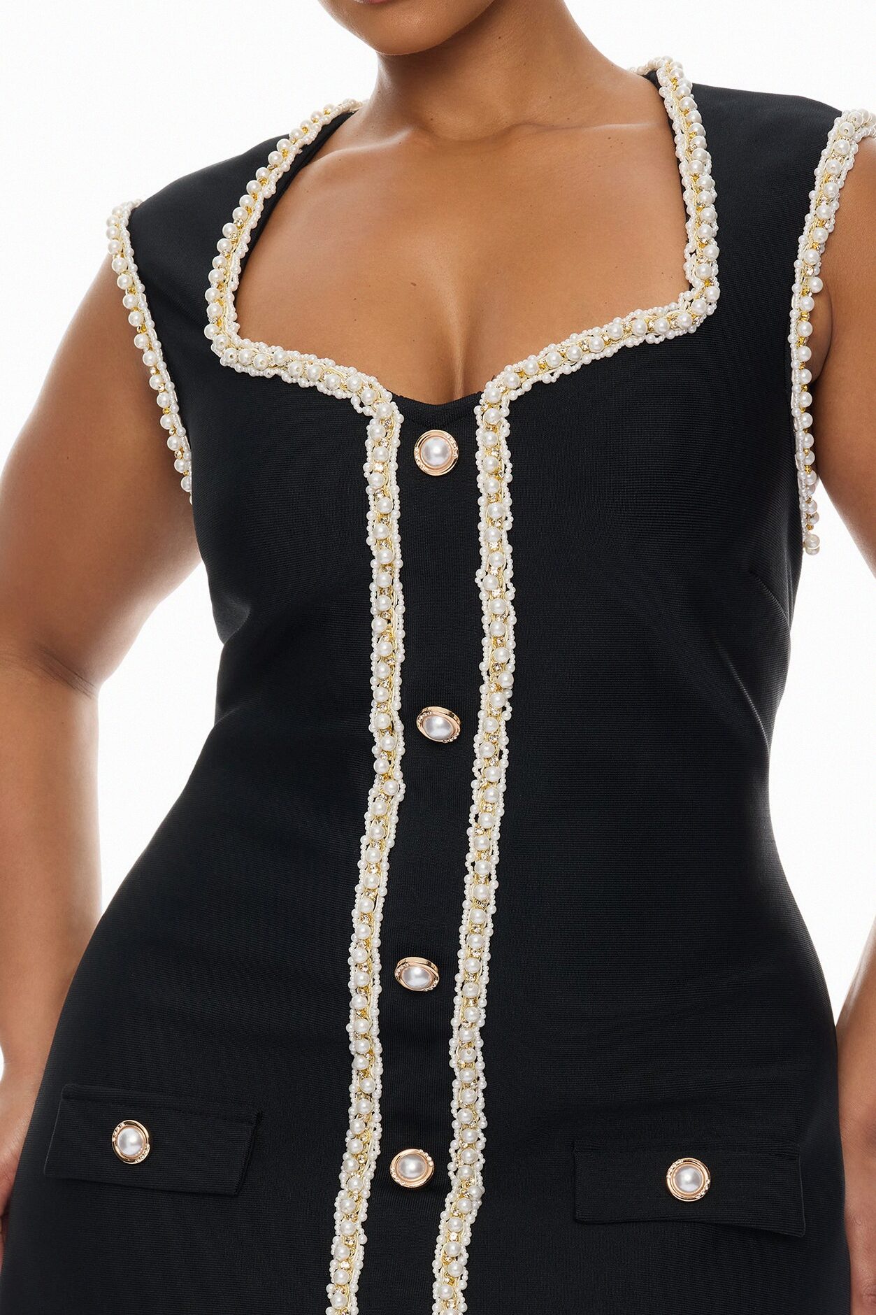 Victoria Pearl Trim Bandage Mini Dress - Black