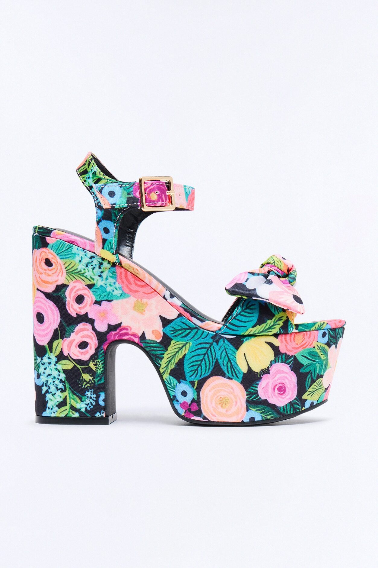 Clara Floral Print Satin Platform Heels - Black/Pink