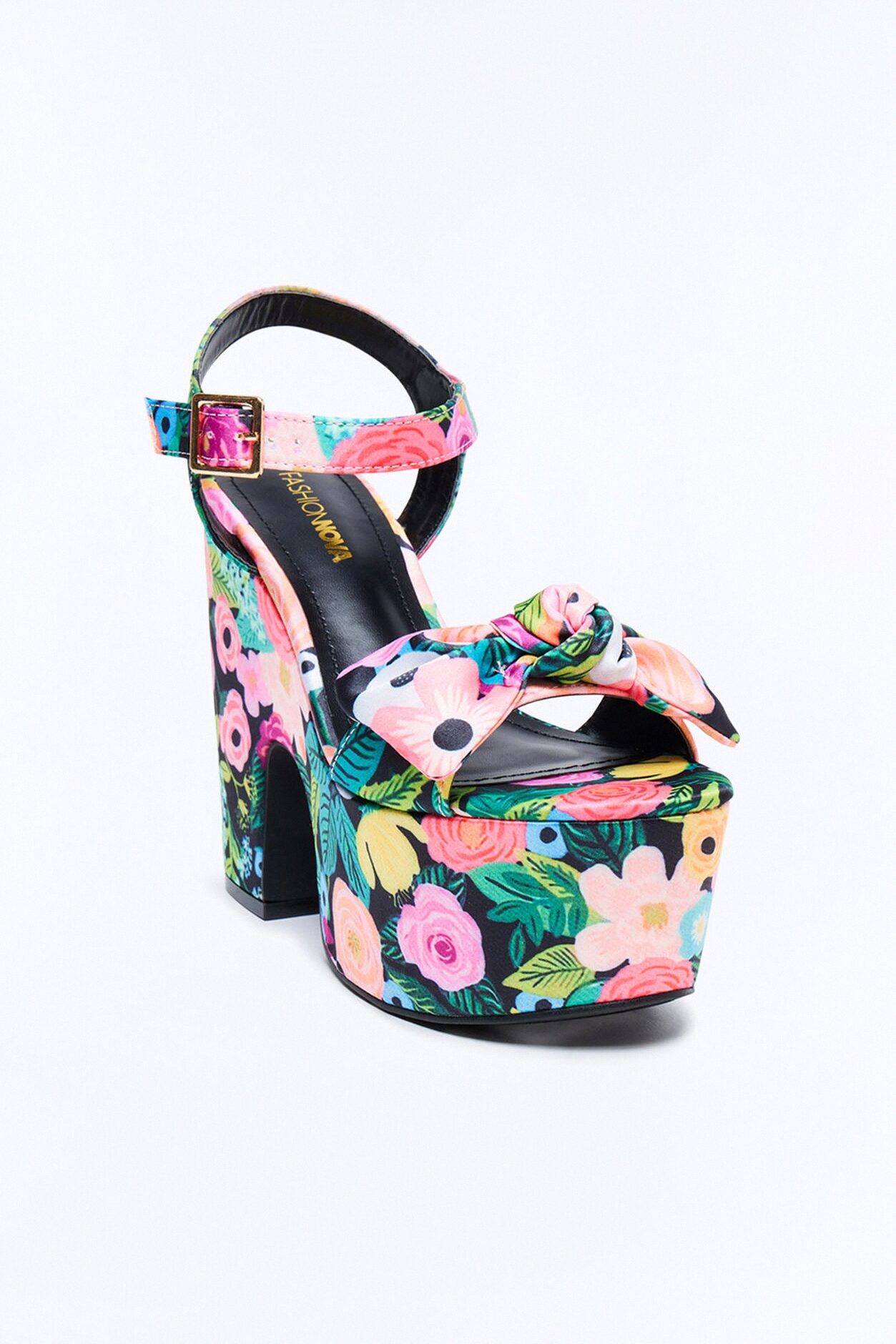 Clara Floral Print Satin Platform Heels - Black/Pink