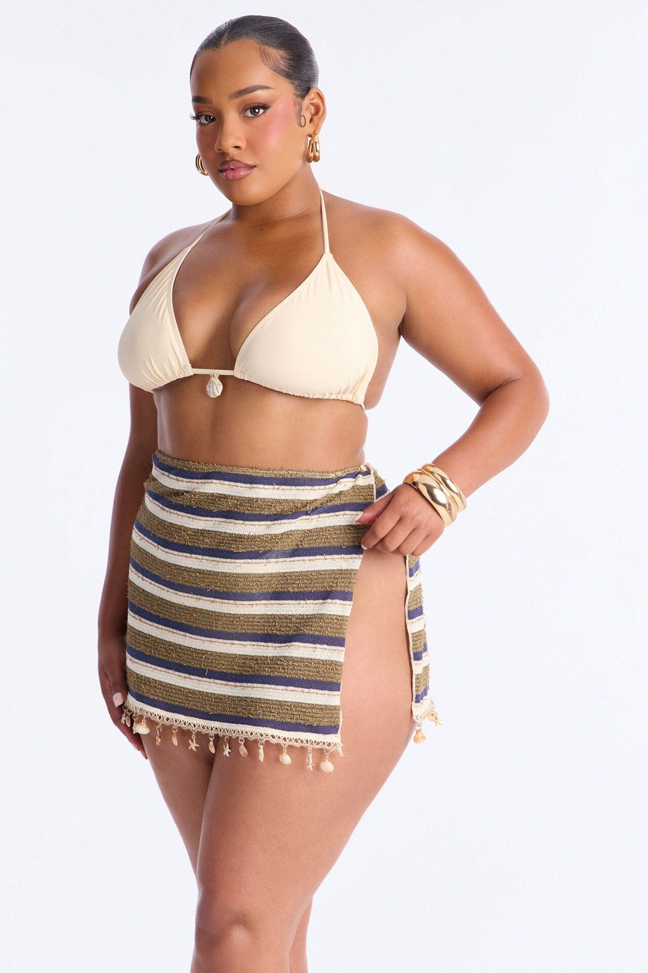 Wave Check 3 Piece Bikini Knit Skirt Set - Blue/combo