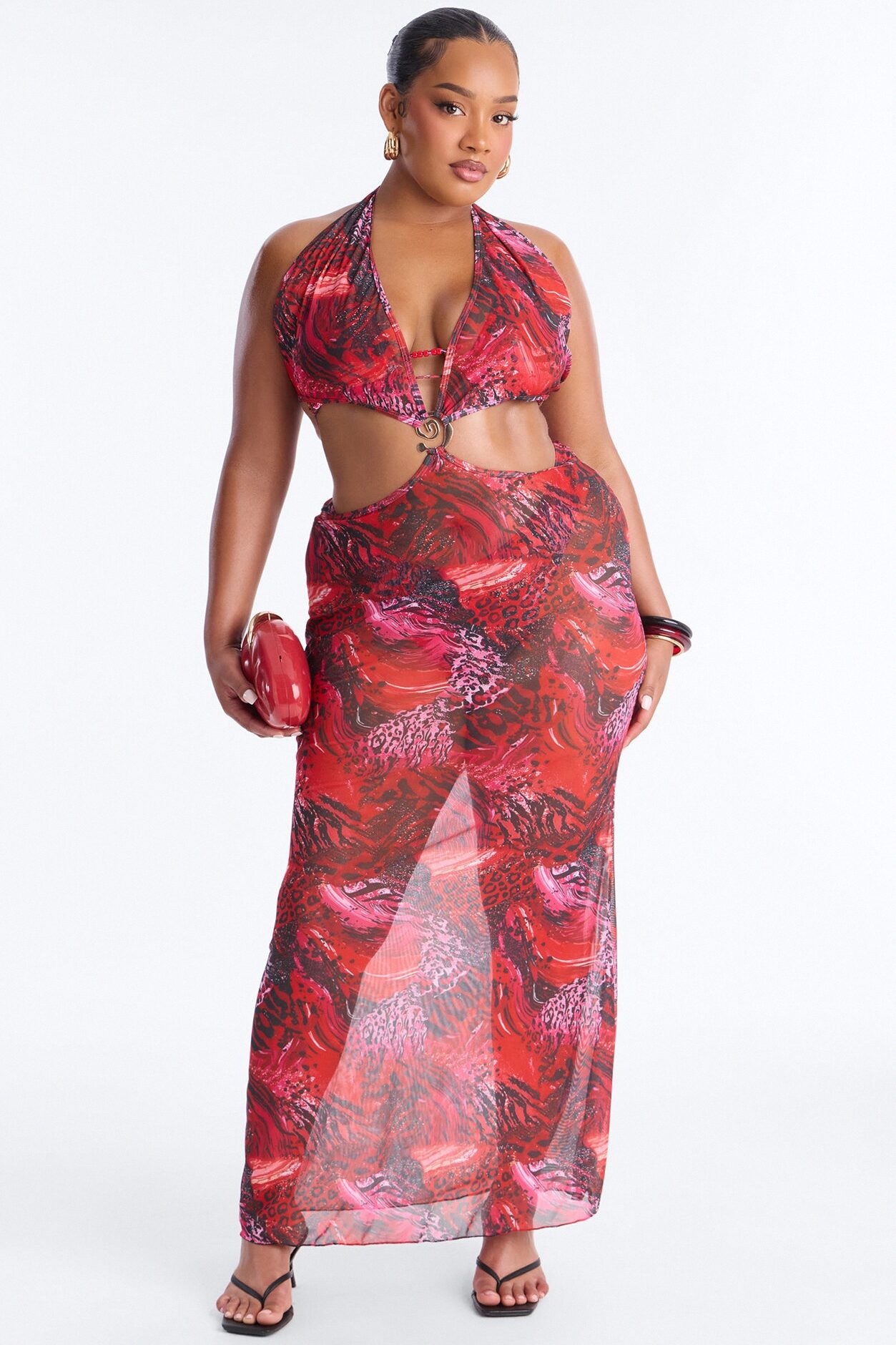Azure Aura Mesh Beaded 3 Piece Bikini Sunsuit - Red/combo