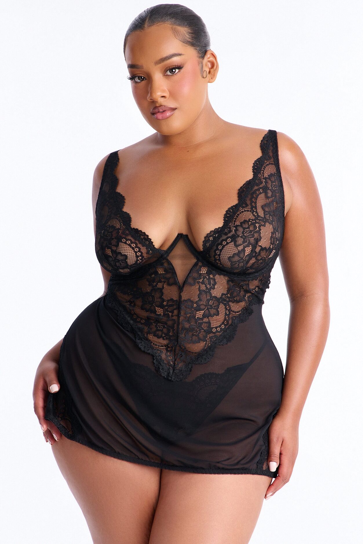 Mariella Mesh Lace Chemise - Black