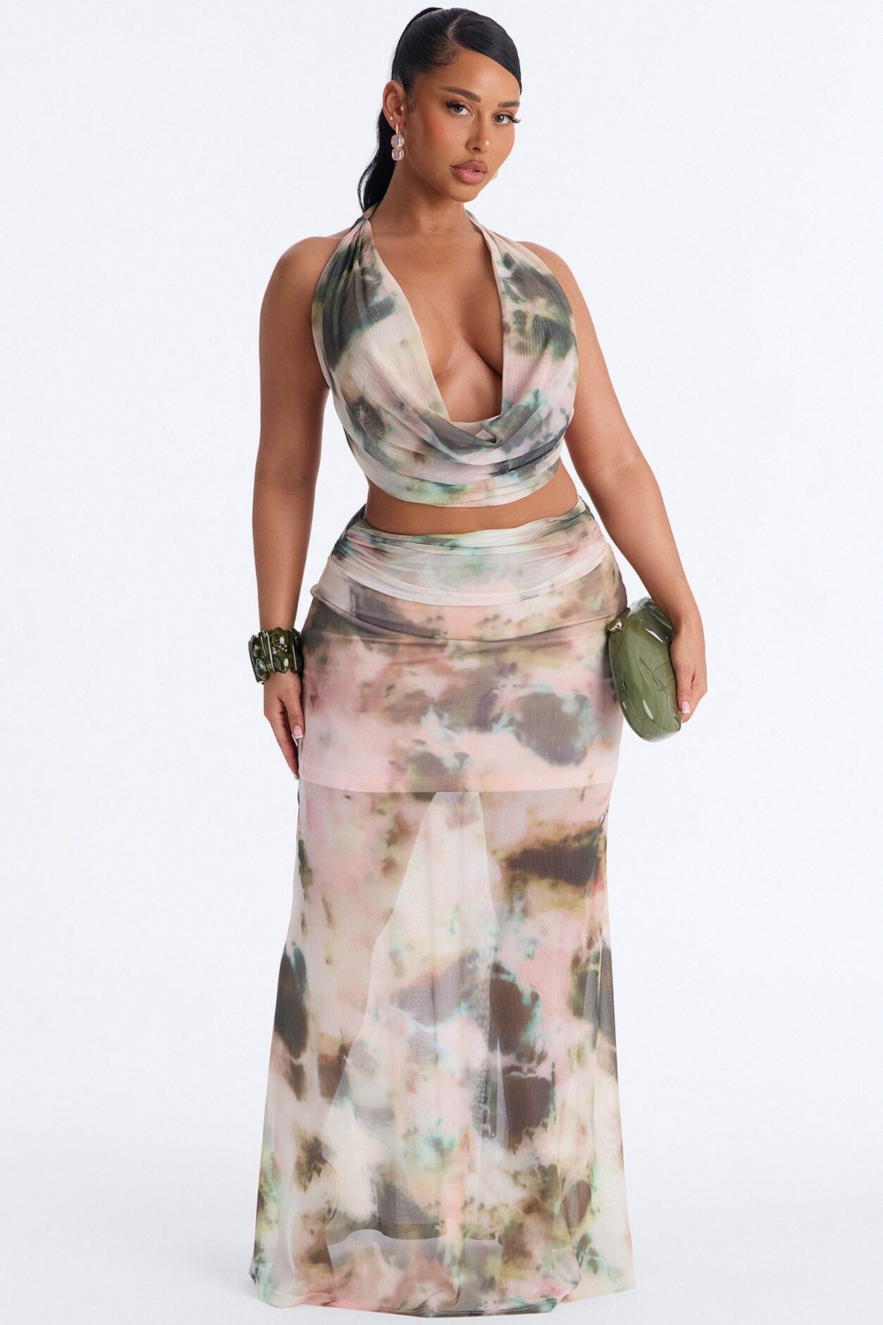 Davina Mesh Halter Maxi Skirt Set - Pink/combo