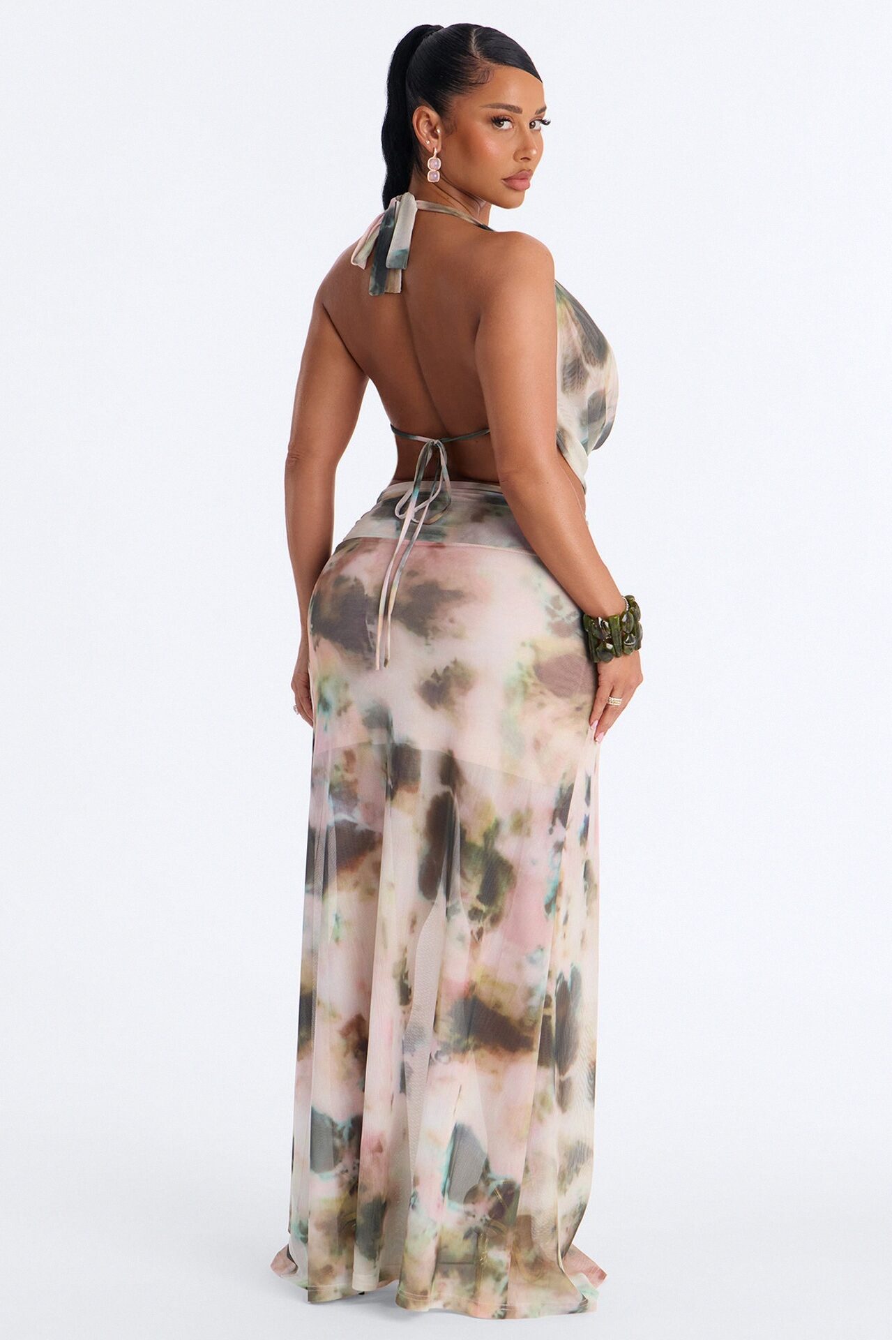 Davina Mesh Halter Maxi Skirt Set - Pink/combo
