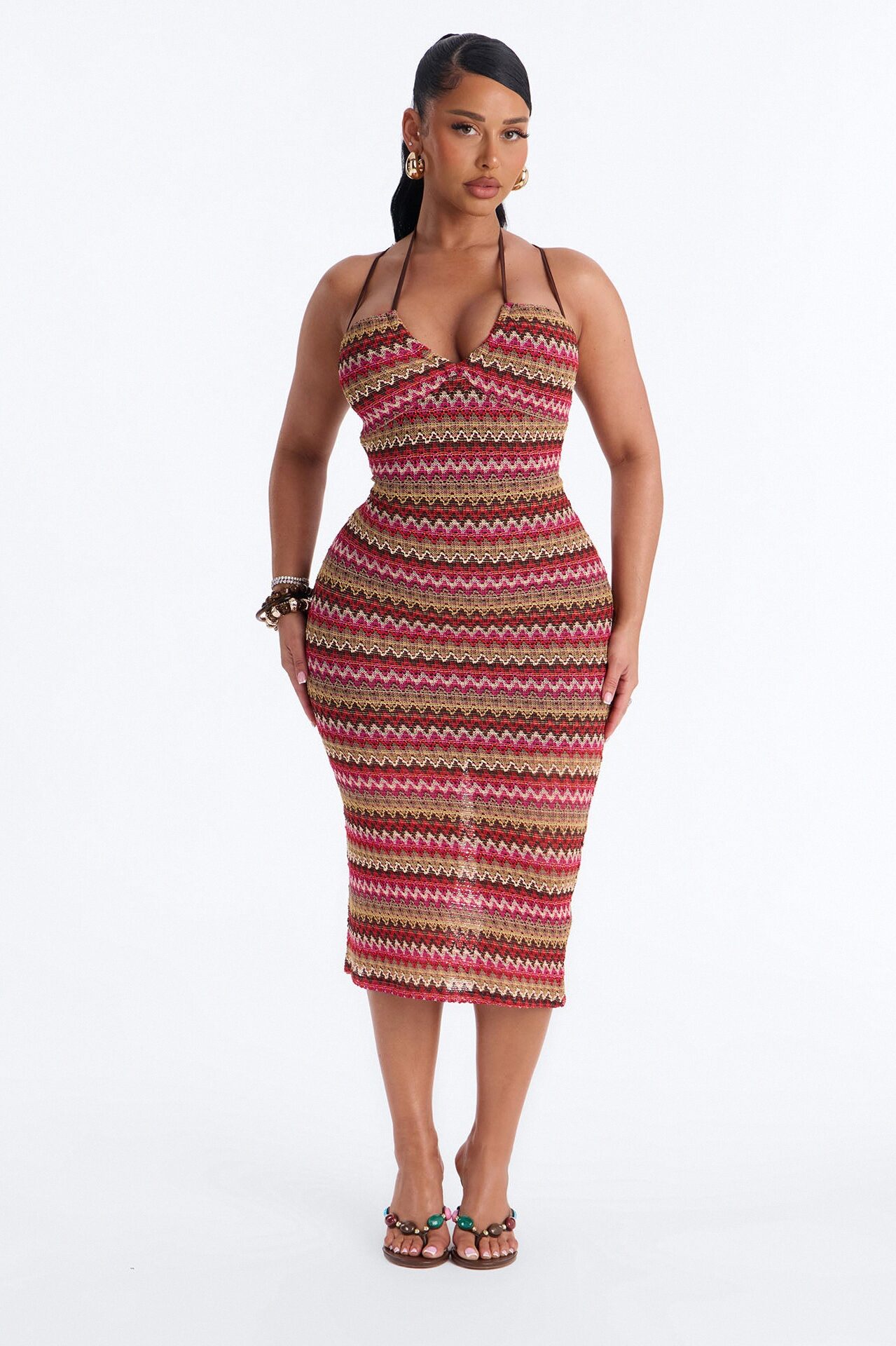 Sacha Chevron Crochet Midi Dress - Brown/combo