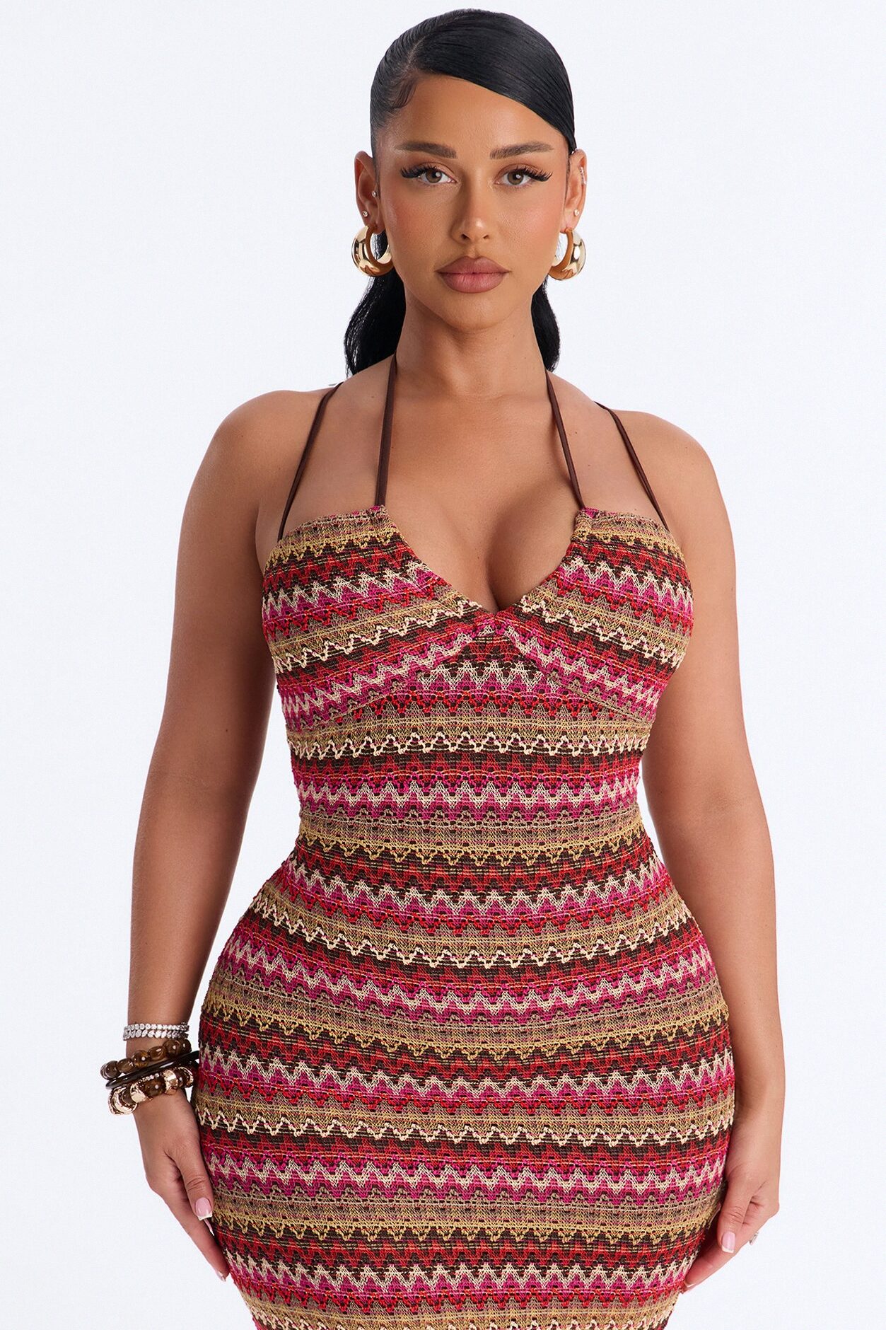 Sacha Chevron Crochet Midi Dress - Brown/combo