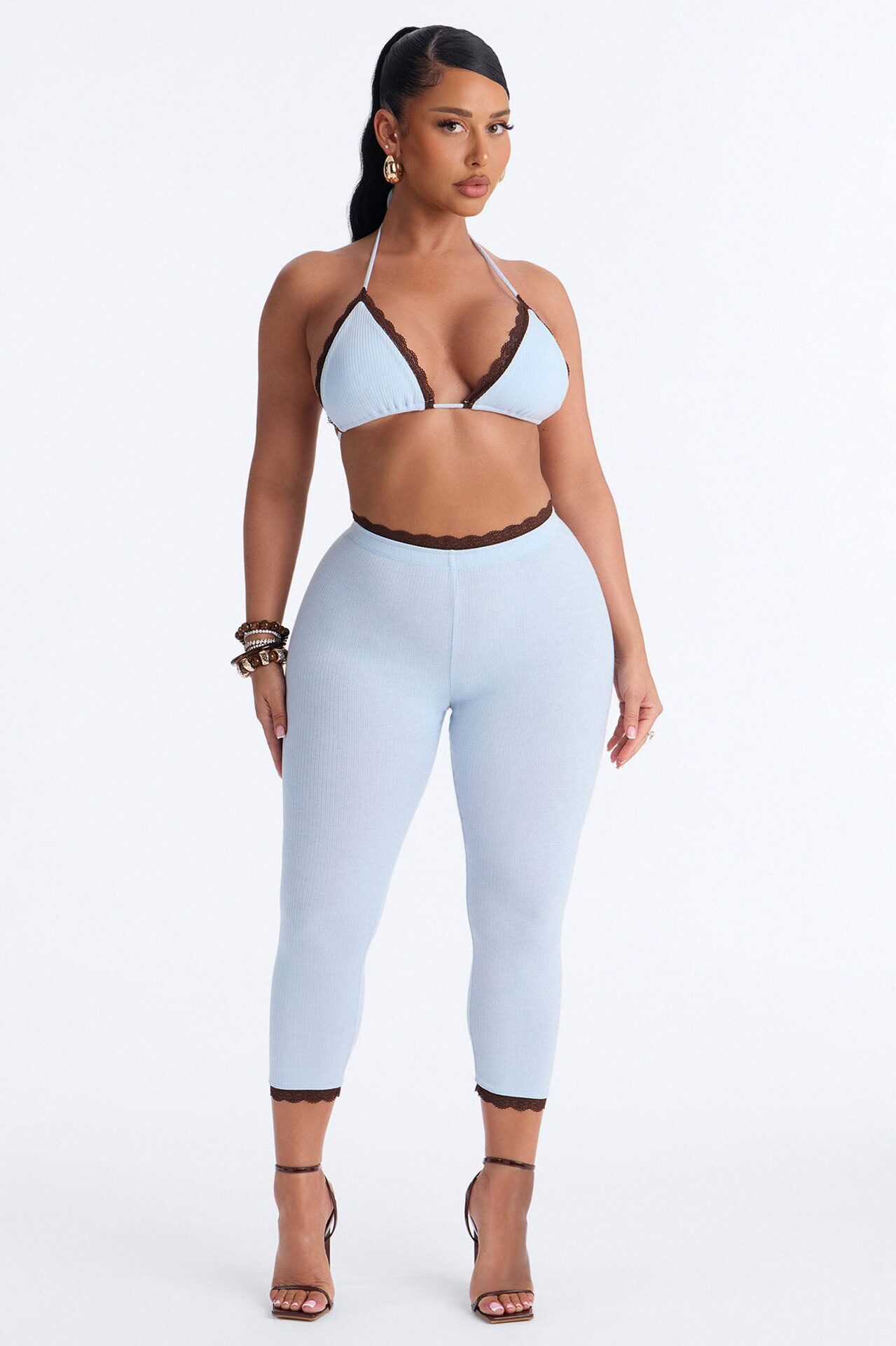 Your's Truly Laced Ribbed Capri Set - Light Blue